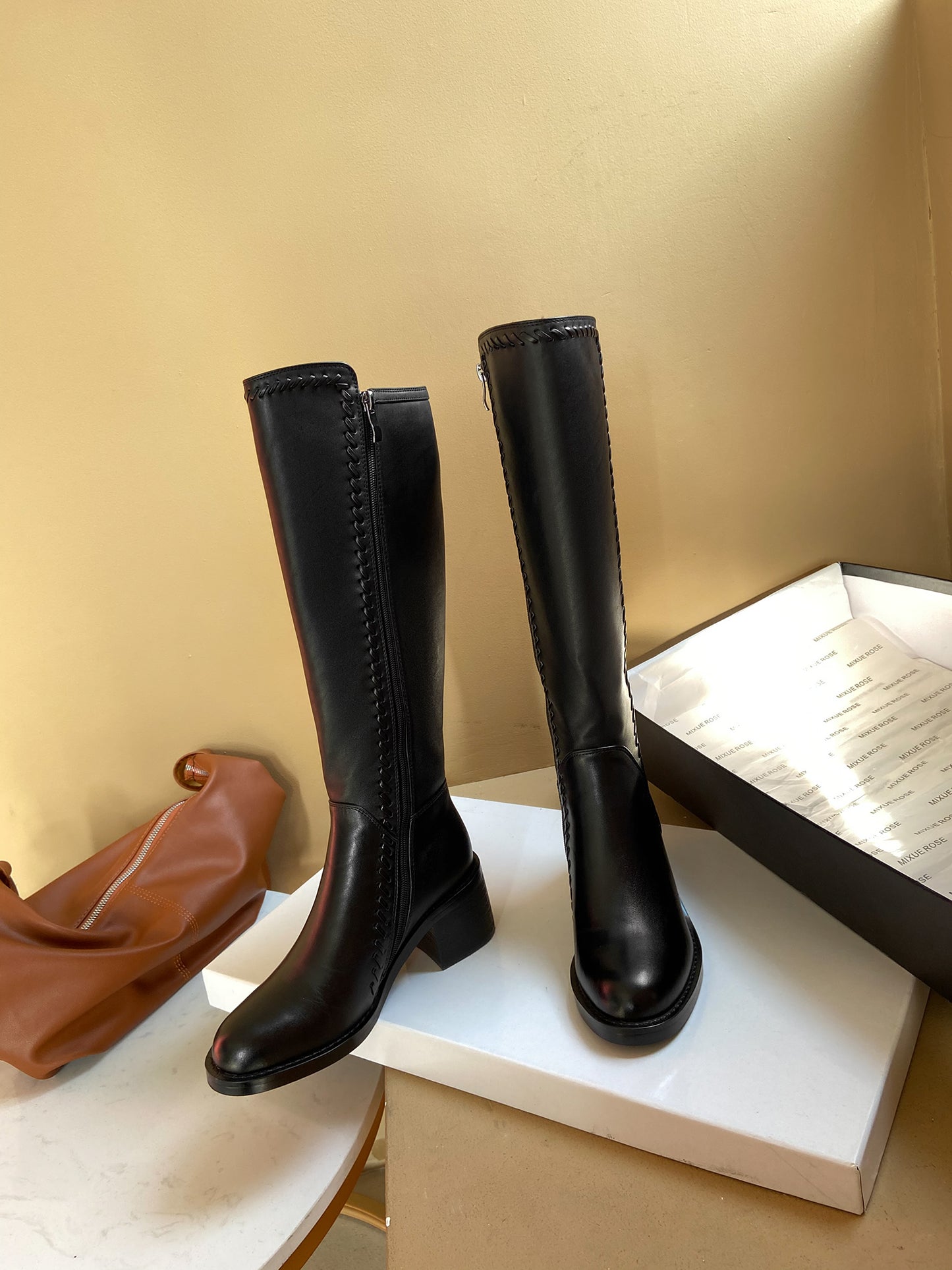 TinaCus Women's Handmade Genuine Leather Round Toe Mid Block Heel Side Zip Up Black Knee High Boots