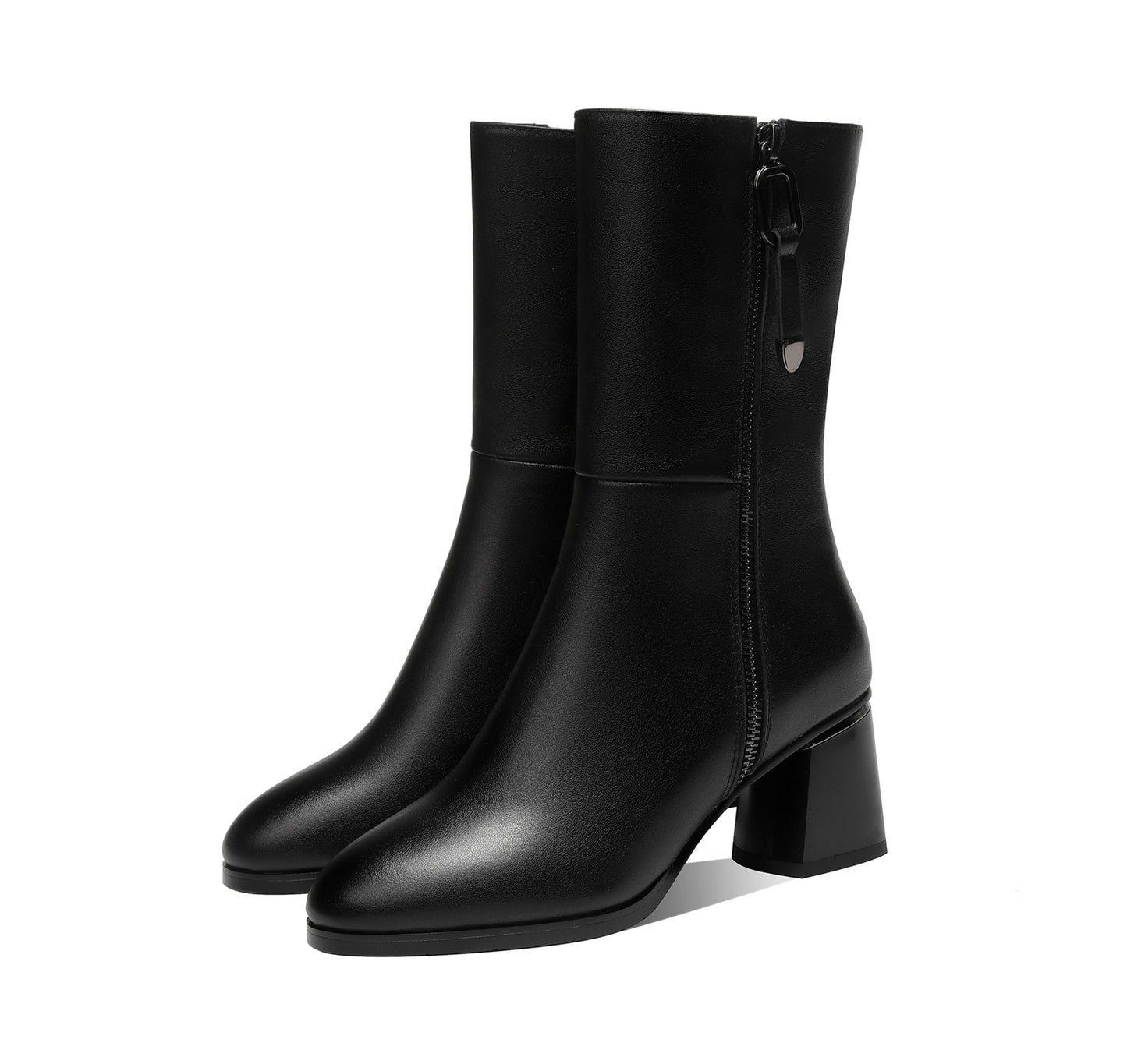 TinaCus Women's Round Toe Genuine Leather Handmade Dual Zippers Chunky Heels Classic Mid-Calf Boots