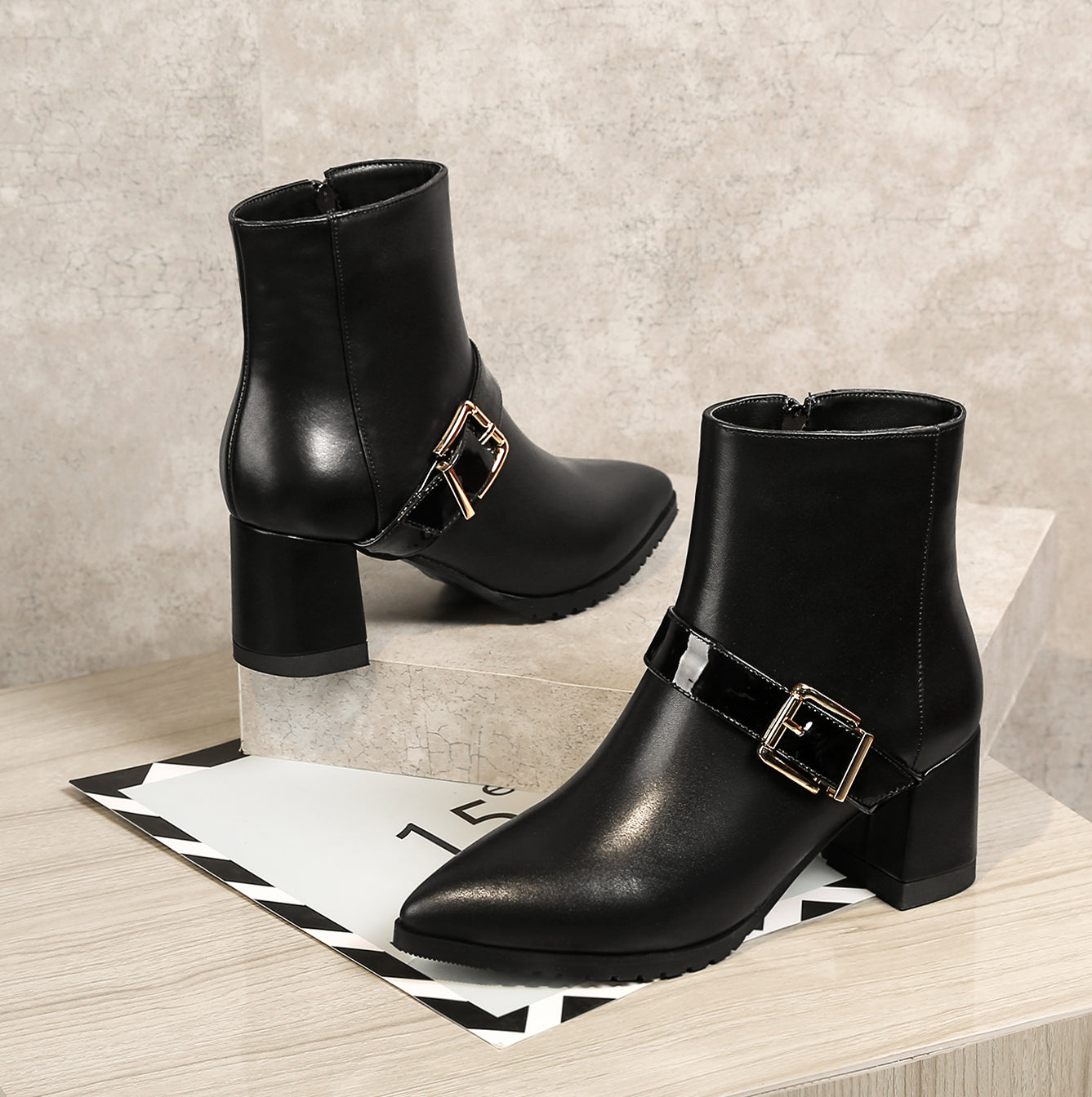 TinaCus Women's Genuine Leather Pointed Toe Handmade Side Zip Mid Chunky Heel Stylish Ankle Boots with Buckle