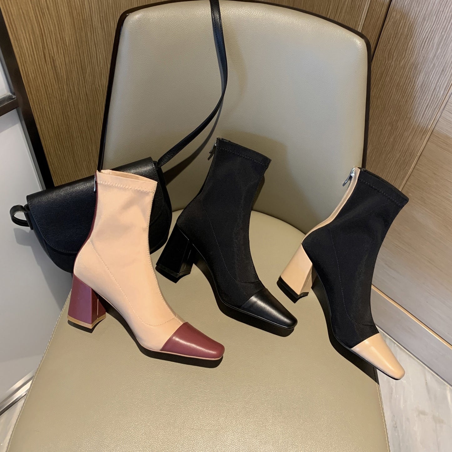 TinaCus Women's Genuine Leather with Stretch Fabric Squate Toe Handmade Multicolor Design Chunky Heel Ankle Boots with Back Zipper