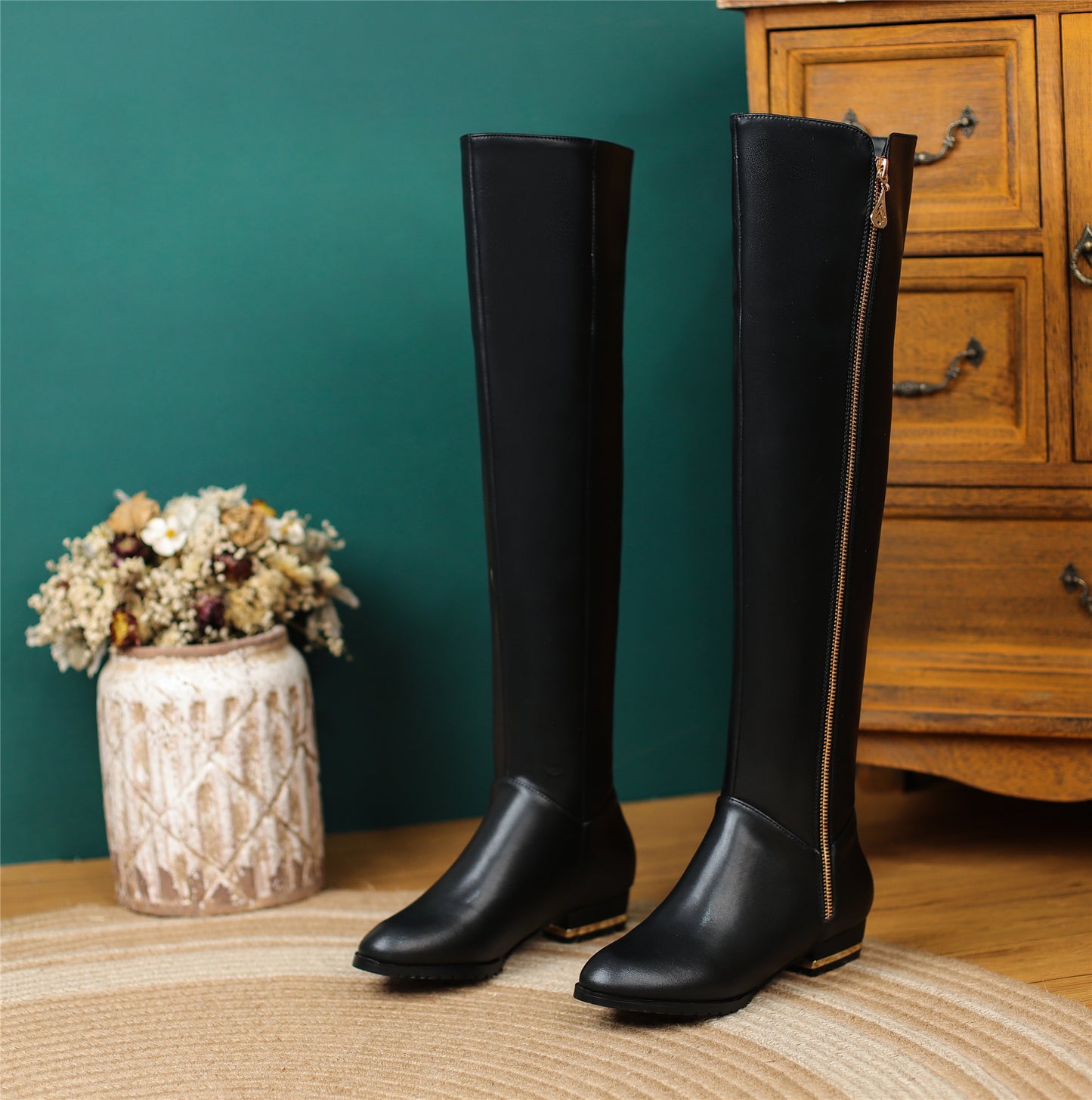 TinaCus Women's Genuine Leather Handmade Side Zipper Decor Pointed Toe Comfortable Low Heel Over the Knee High Boots