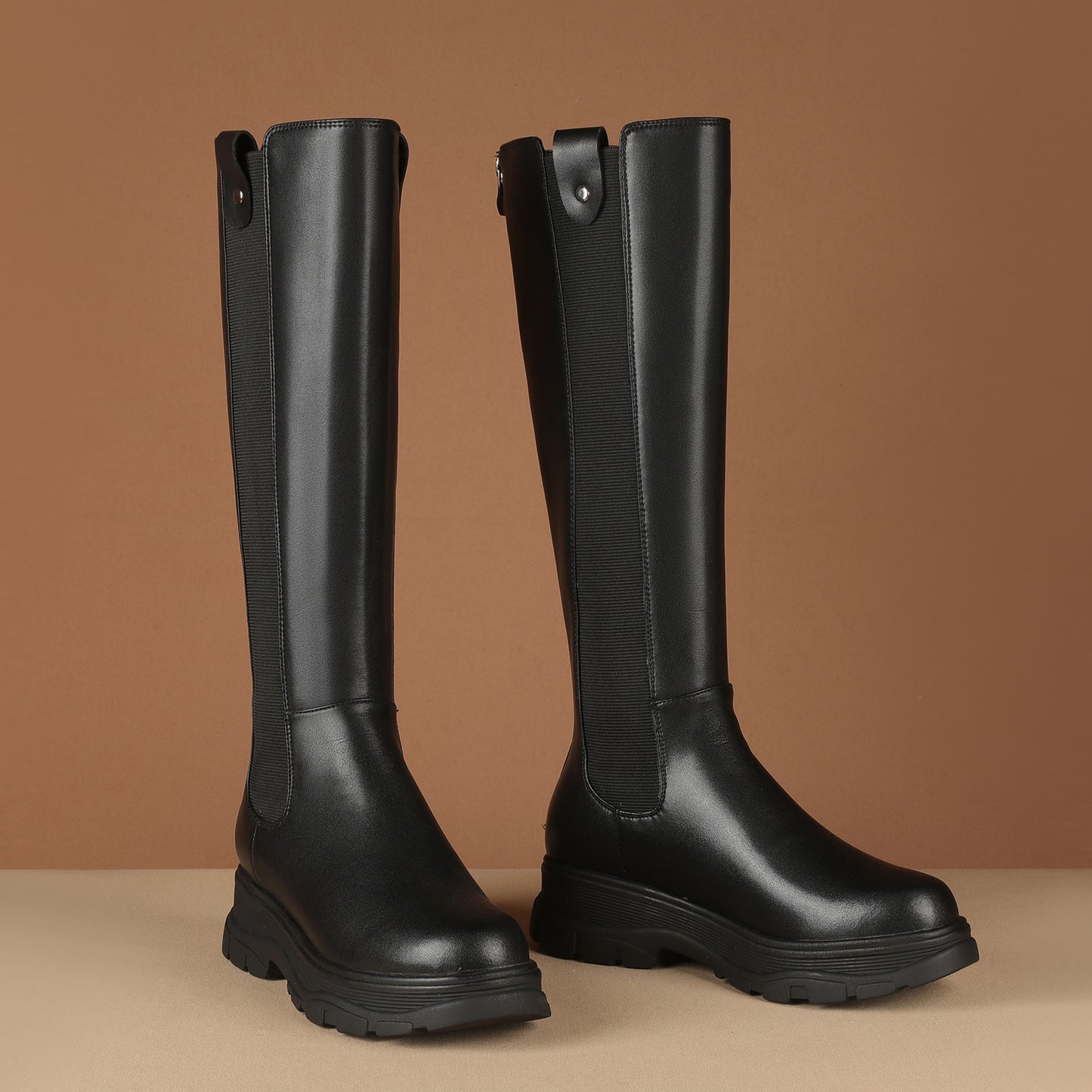 TinaCus Damen-Stiefel aus echtem Leder, runde Zehenpartie, handgefertigt, Plateau, Reißverschluss hinten, stilvoll, kniehoch