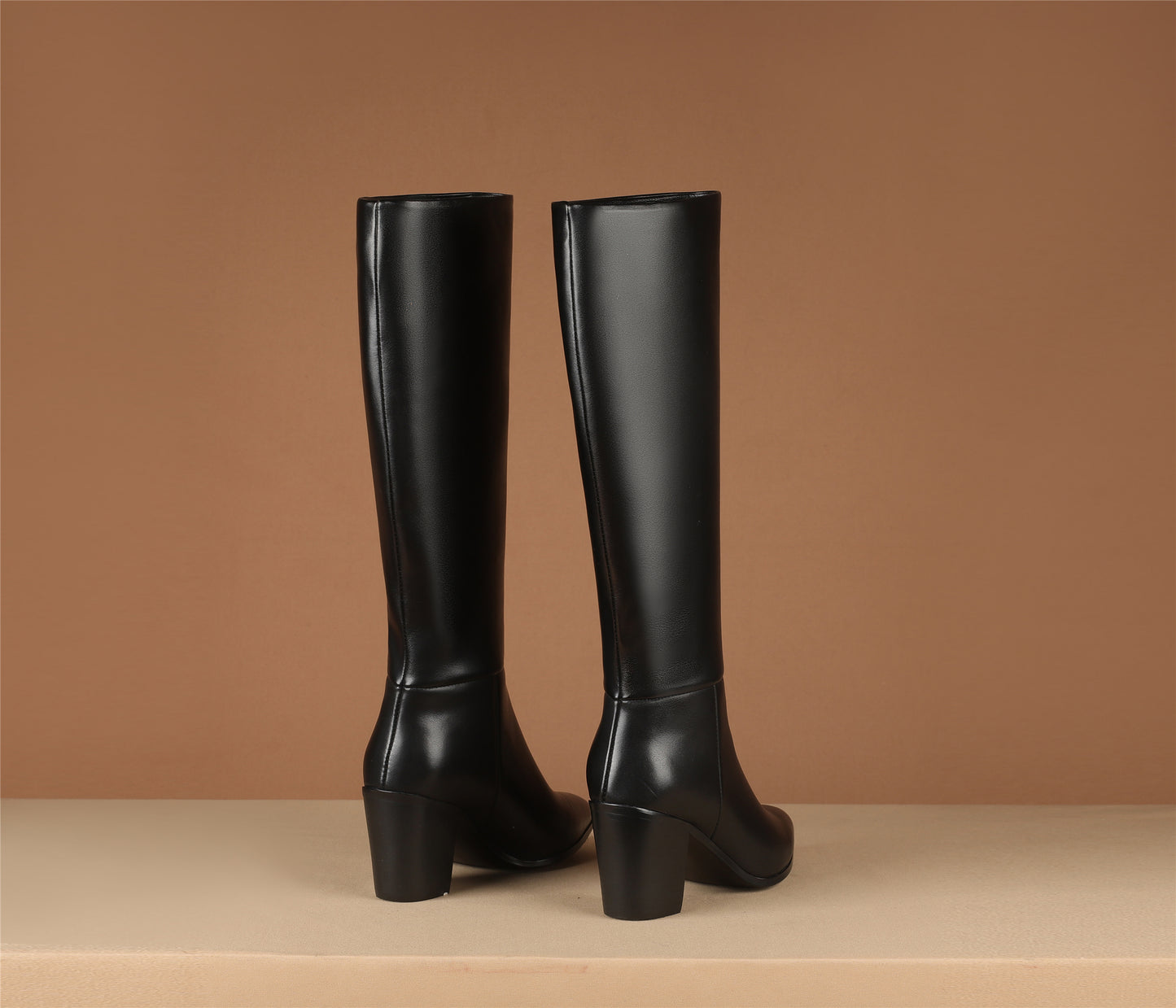 TinaCus Pointed Toe Genuine Leather Handmade Chunky Heels Slip On Women's Classic Knee High Boots