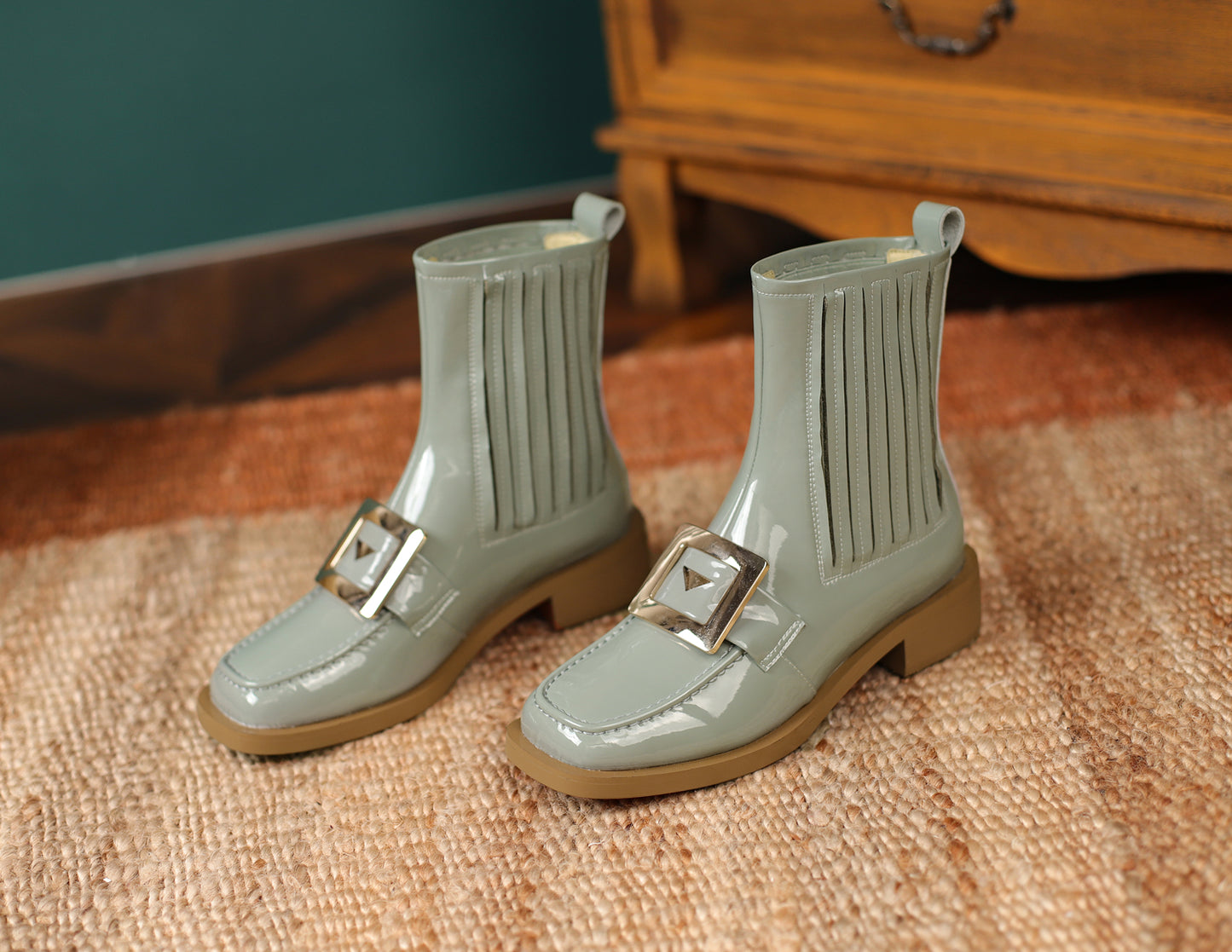 TinaCus Women's Square Toe Patent Leather Handmade Buckle Low Heels Slip On Casual Ankle Boots