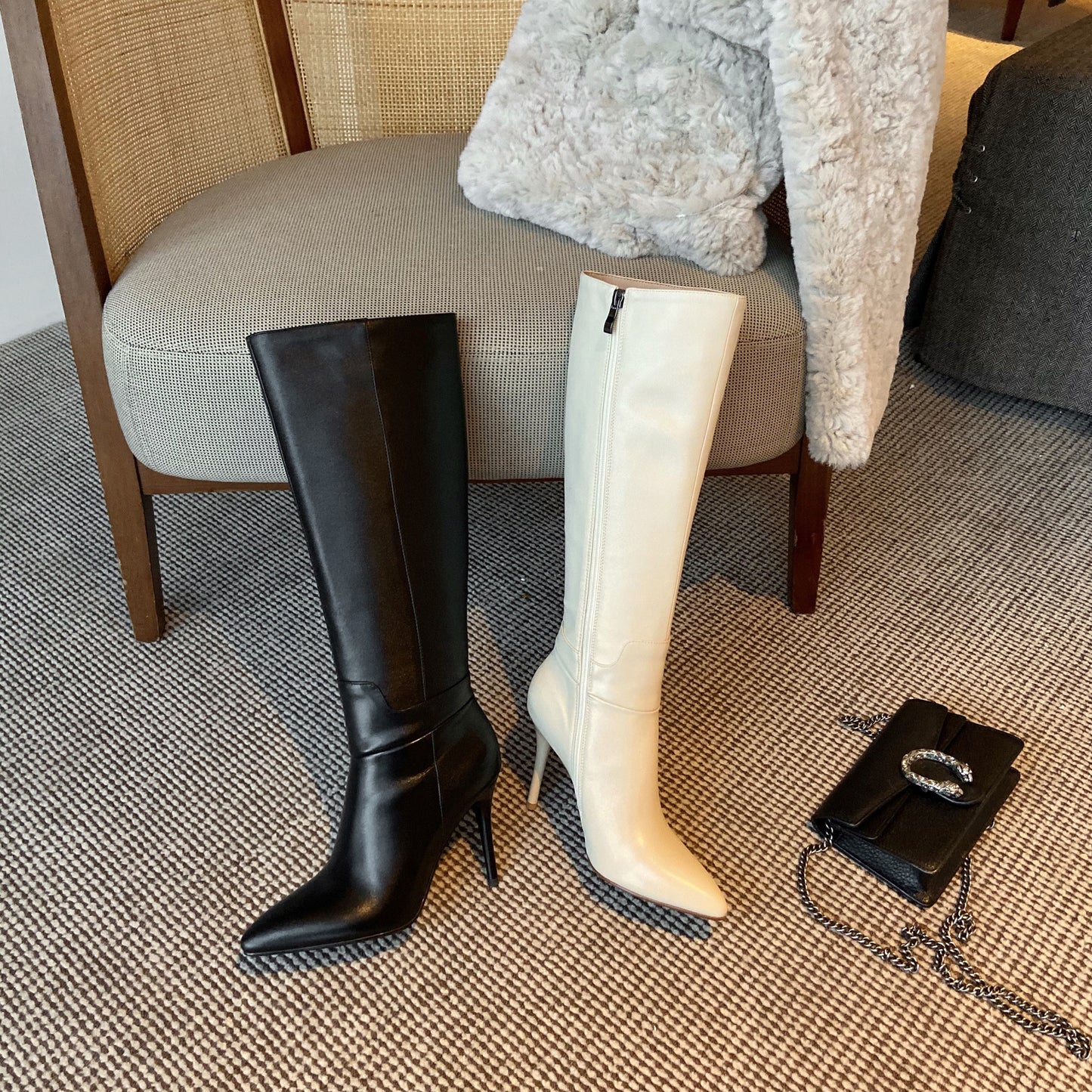 TinaCus Genuine Leather Women's Pointed Toe Side Zip Handmade Stiletto High Heel Knee High Boots