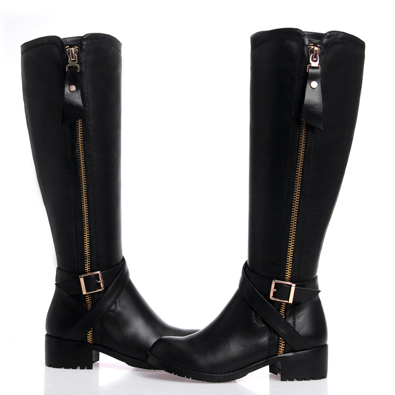 TinaCus Women's Genuine Leather Handmade Round Toe Side Zip Up Low Chunky Heel Black Knee High Boots with Stylish Buckle