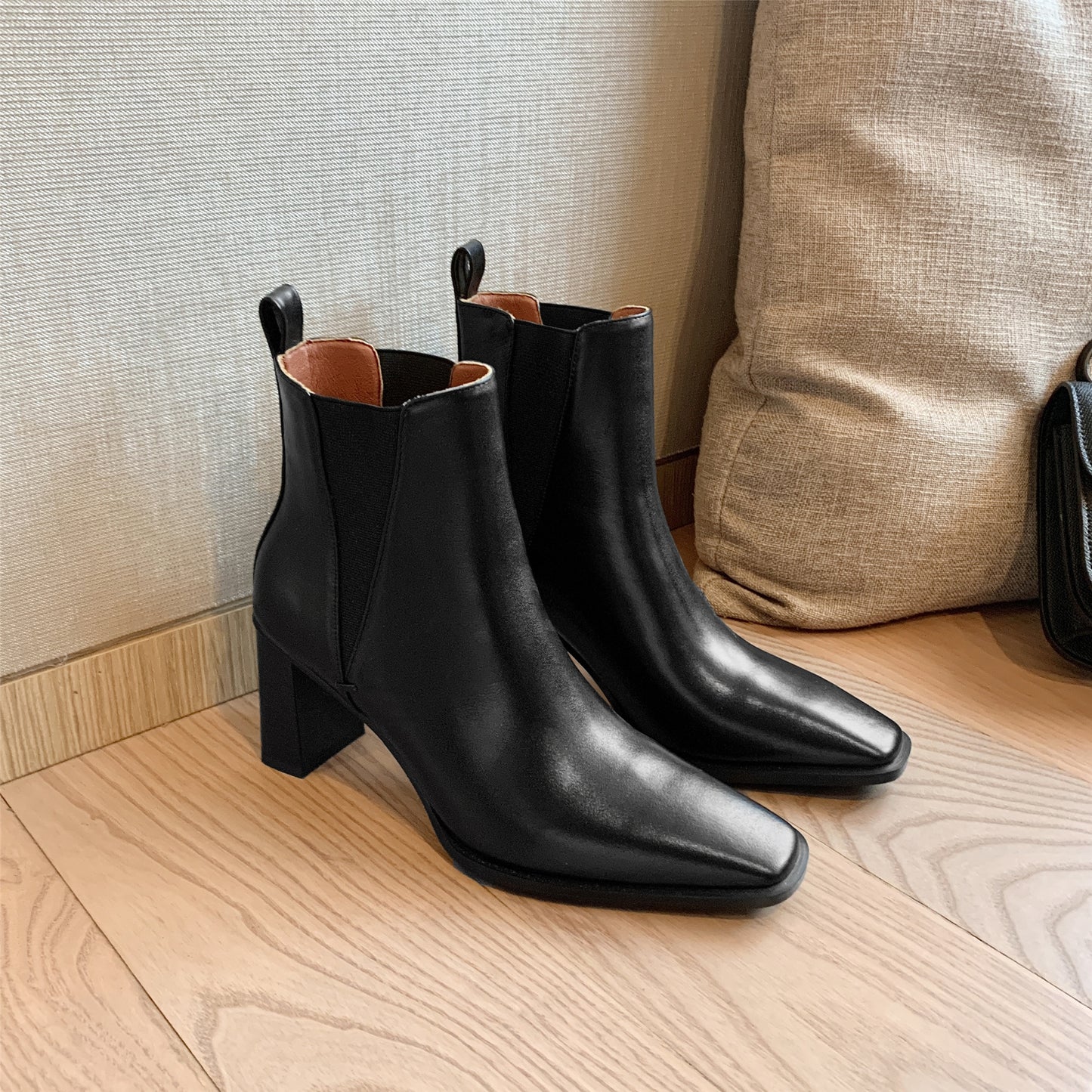 TinaCus Women's Genuine Leather Square Toe Handmade Block Heel Elastic Slip On Vintage Ankle Boots