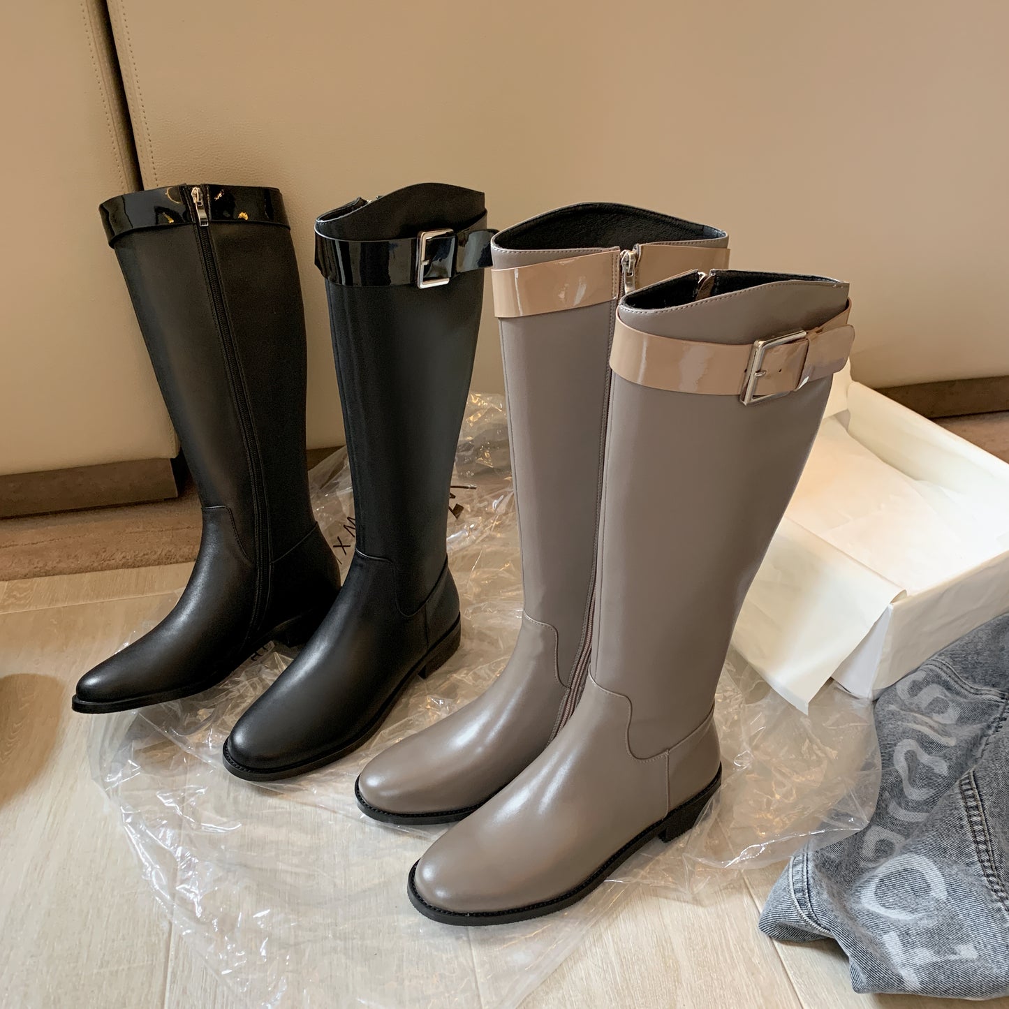 TinaCus Women's Handmade Genuine Leather Round Toe Low Block Heel Side Zip Up Patent Belt Decor Knee High Riding Boots