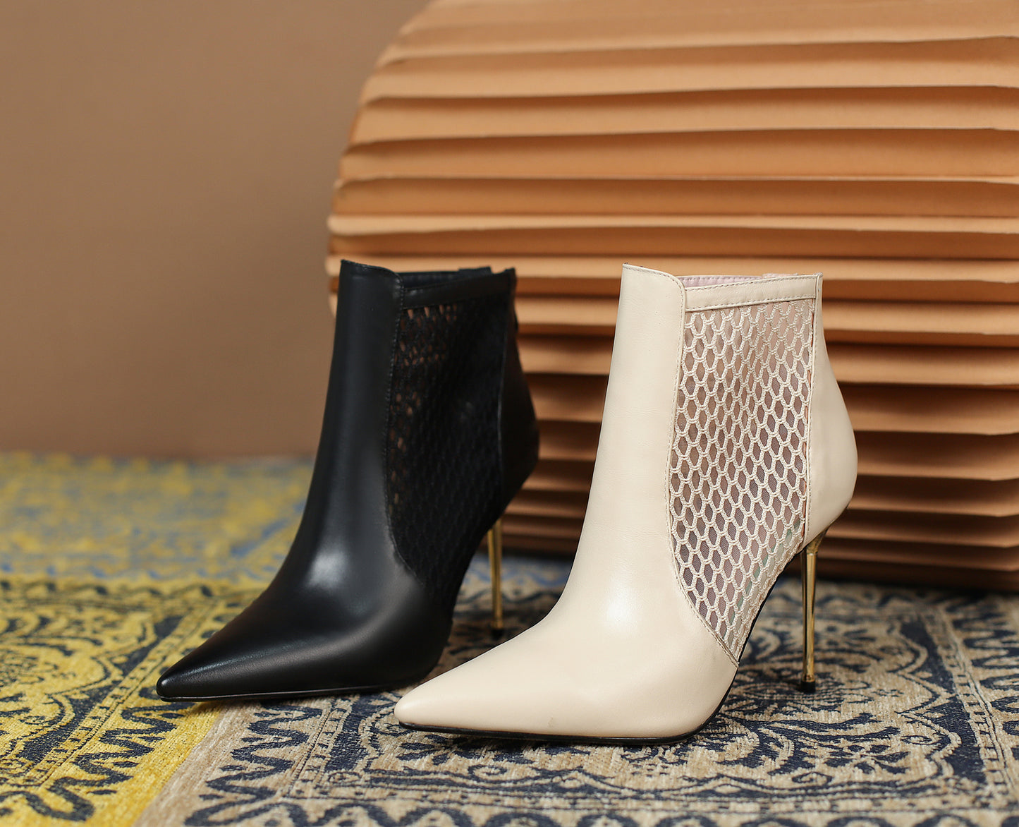 TinaCus Women's Genuine Leather Handmade Mesh Pointed Toe Stiletto Heel Back Zipper Chic Ankle Boots