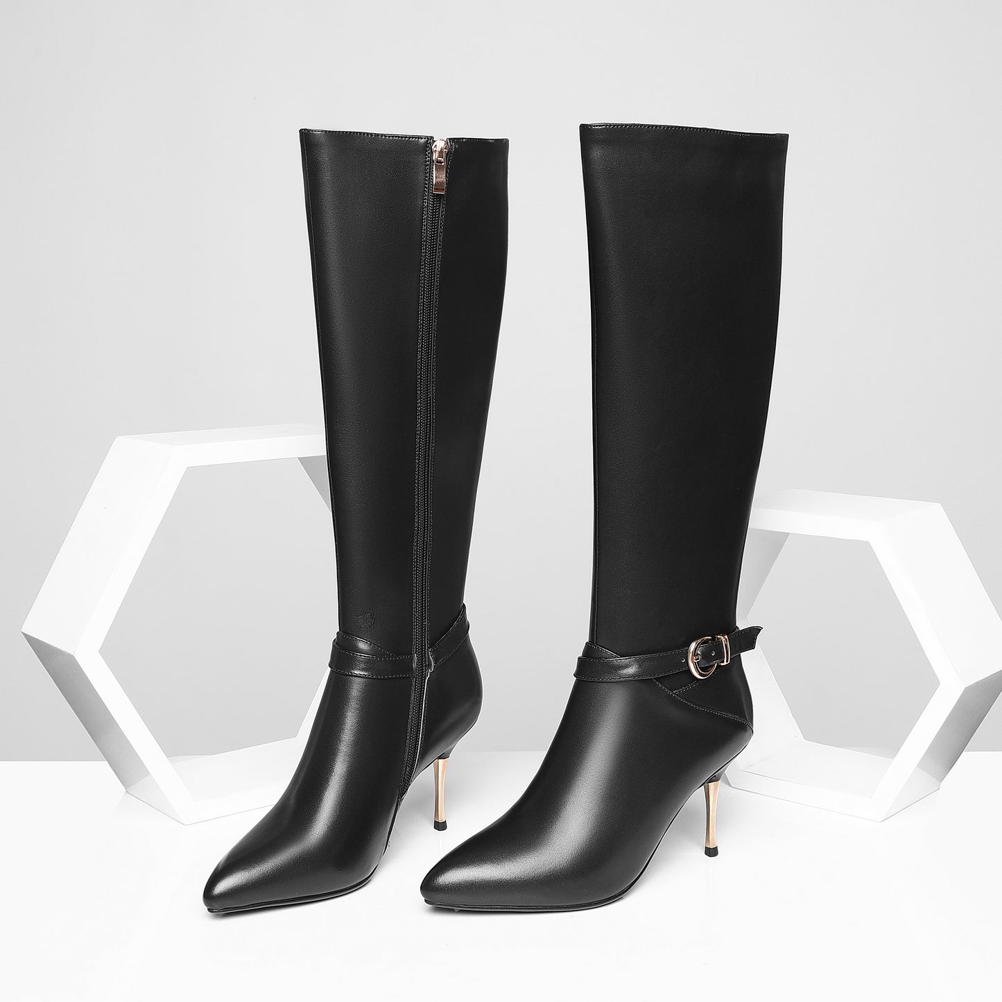 TinaCus Women's Genuine Leather Sexy Pointed Toe High Stiletto Heel Handmade Side Zip Knee High Boots with Buckle