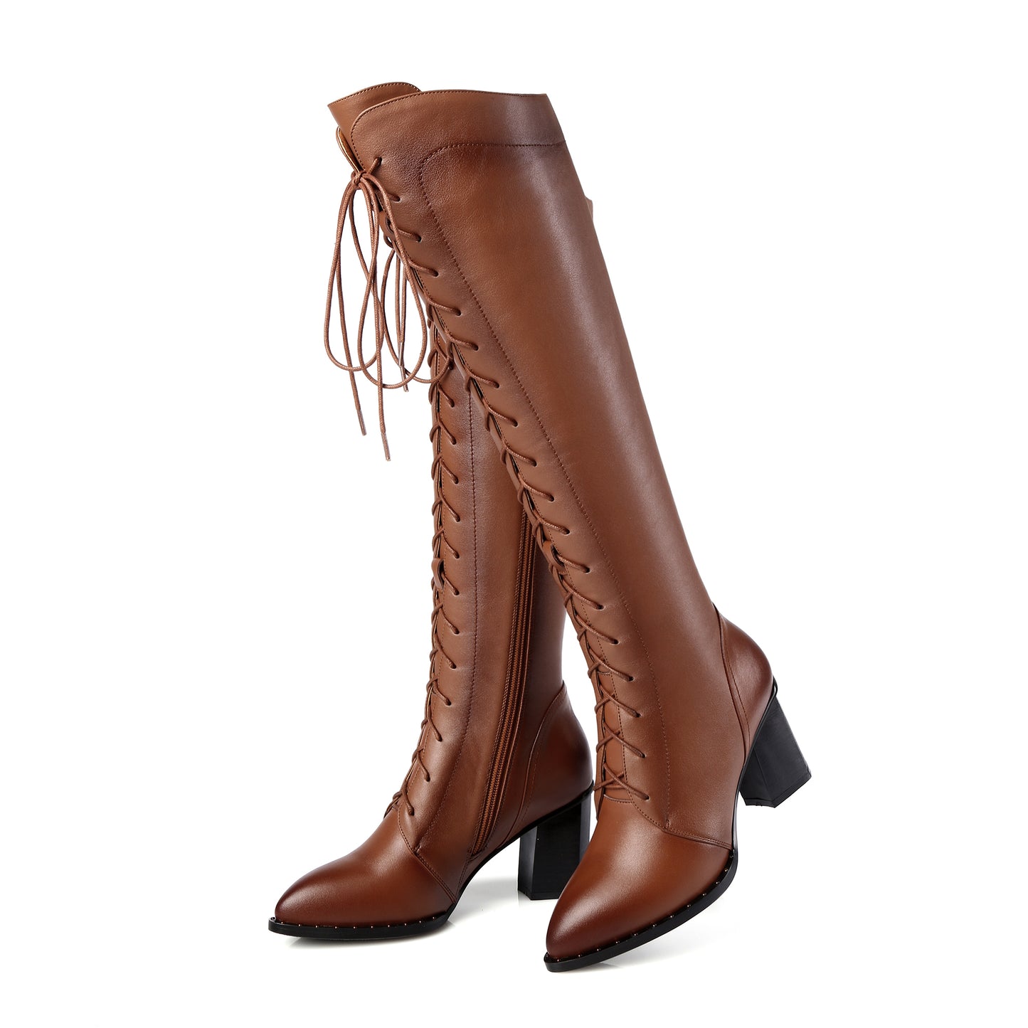 TinaCus Women's Genuine Leather Pointed Toe Sylish Sleftie Handmade Side Zipper Mid Chunky Heel Knee High Boots