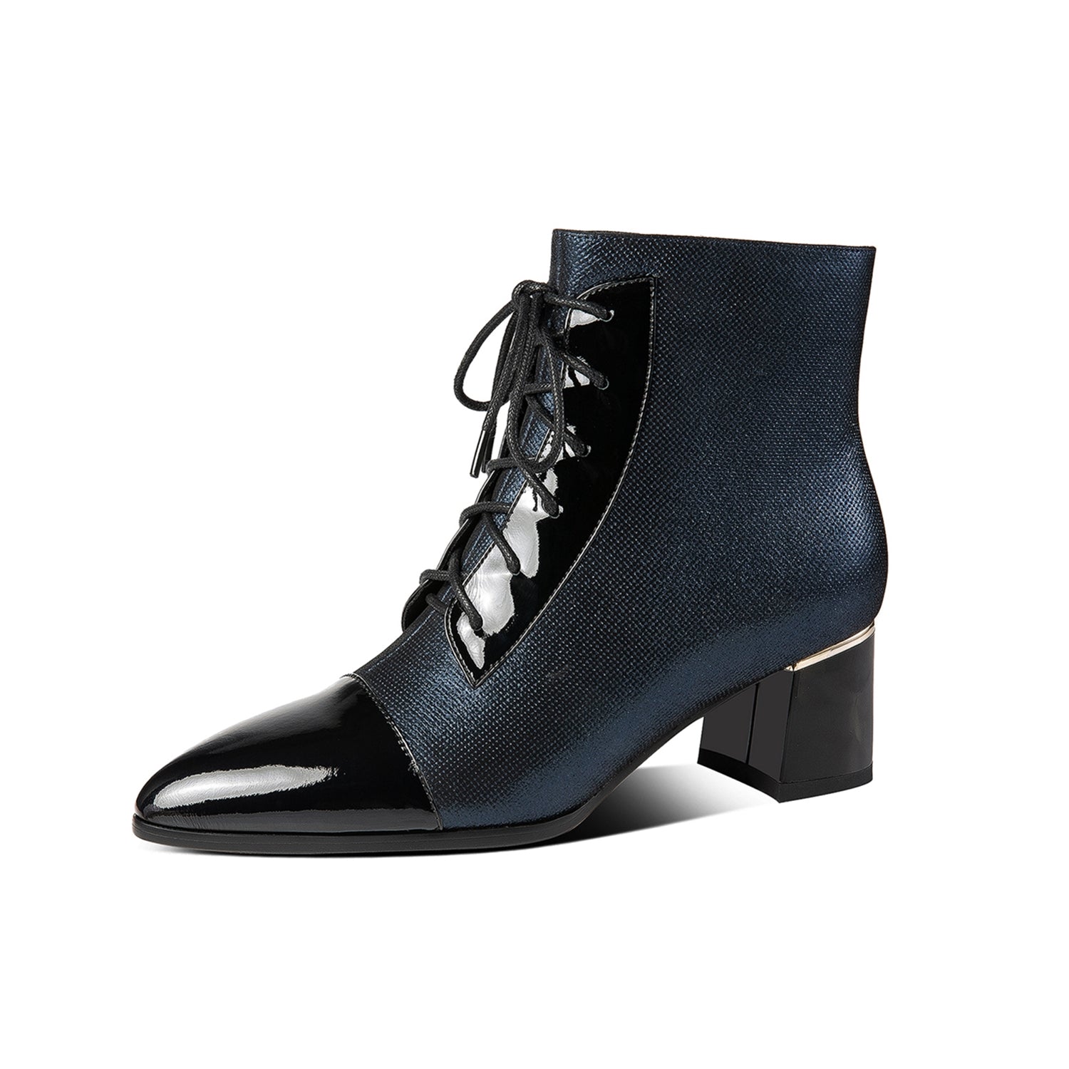 TinaCus Women's Handmade Patent Leather Ankle Booties – Chunky Heel, Pointed Toe, Side Zip, Belt Buckle Design, Dress Boots