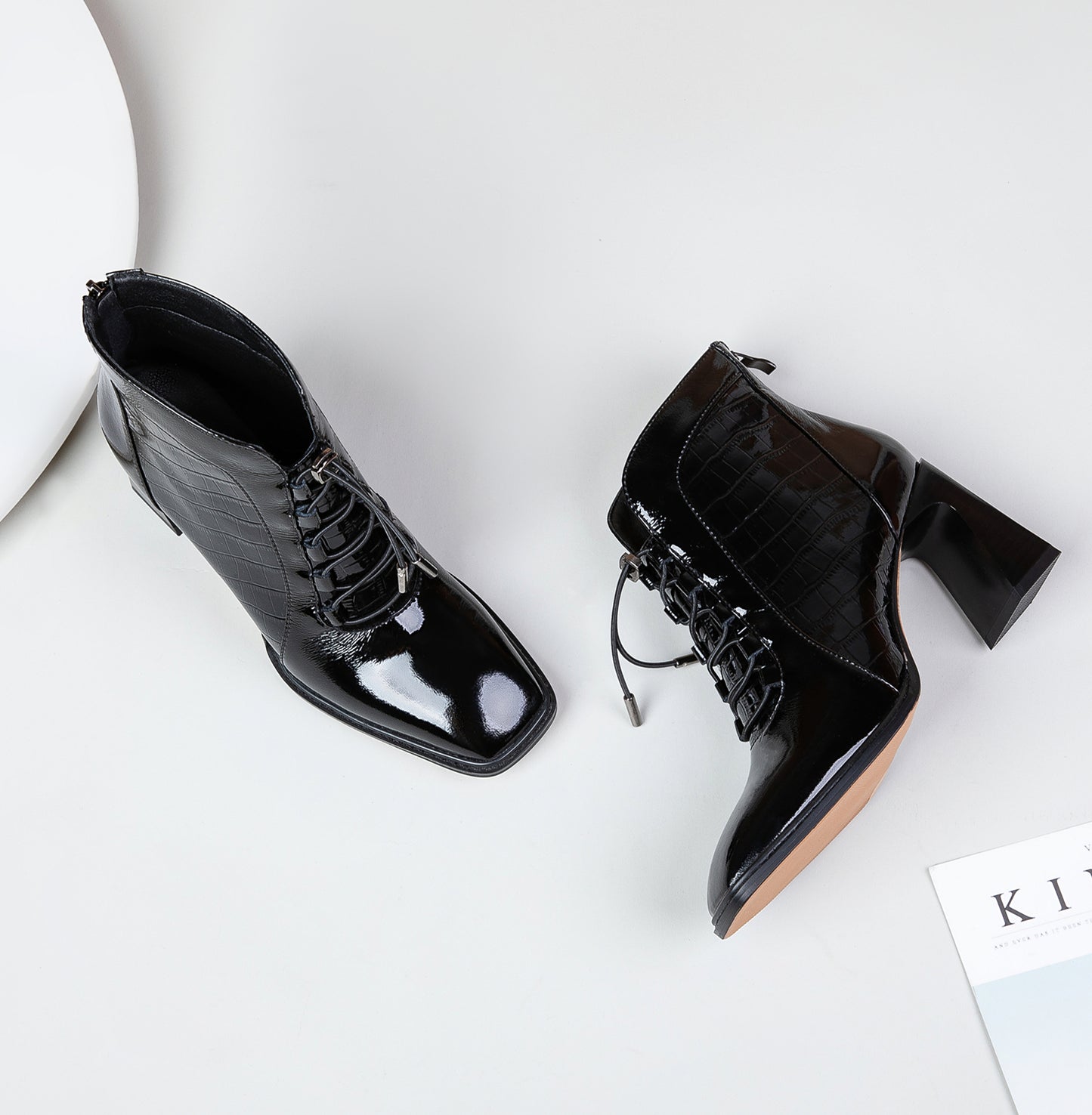 TinaCus Women's Handmade Patent Leather Classic Square Toe High Spool Heel Back Zip Up Short Dressing Boots with Band