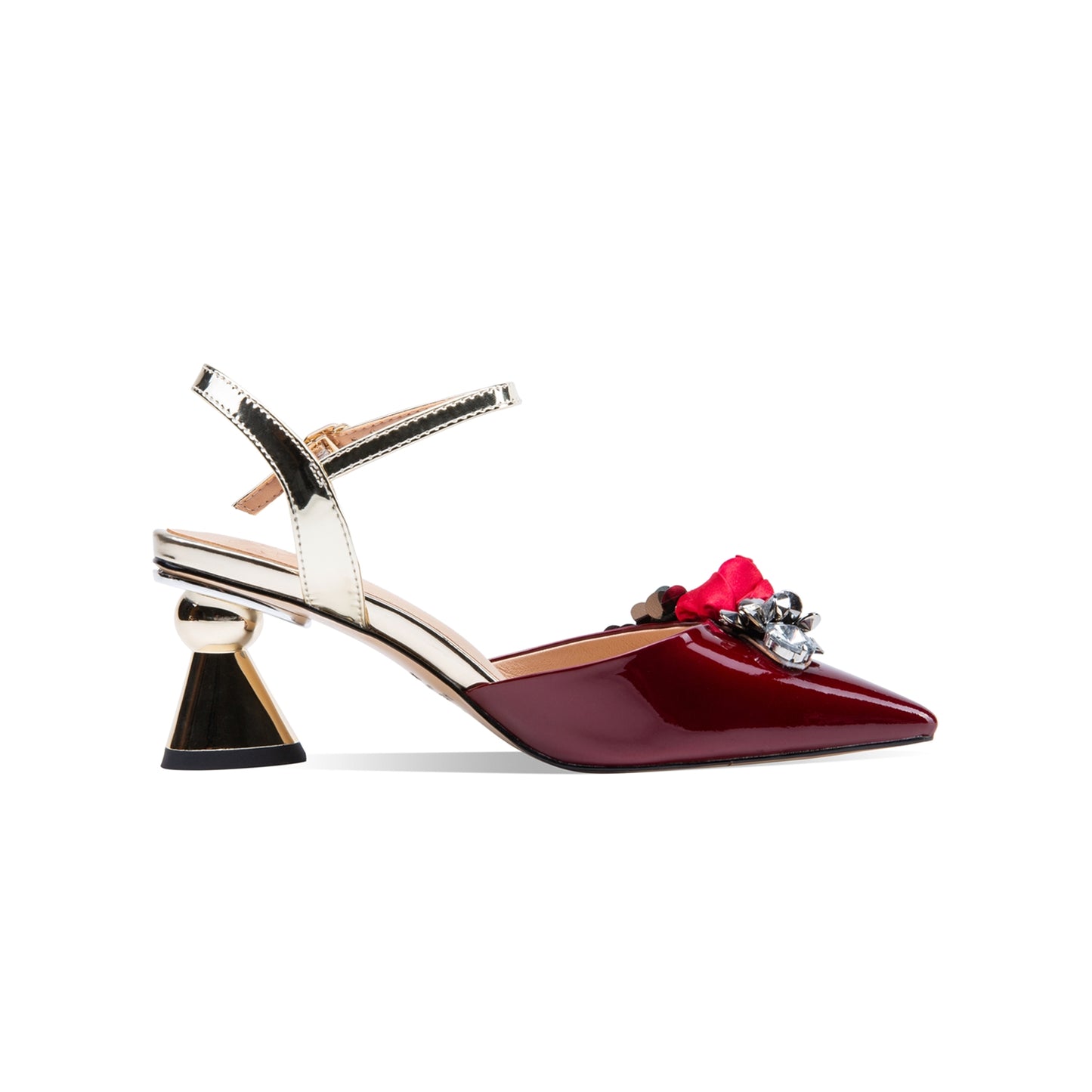 TinaCus Damen-Sandalen aus Lackleder, handgefertigt, golden, mittelhoher Absatz, Schnalle mit Blumendekor