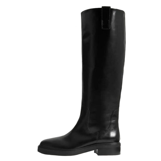 TinaCus Women's Round Toe Genuine Leather Handmade Block Low Heels Knee High Boots