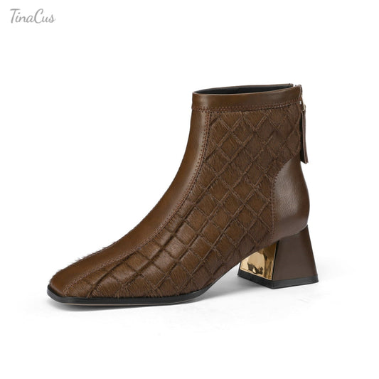 TinaCus Handmade Women's Horsehair Genuine Leather Block Heel Back Zip Ankle Boots
