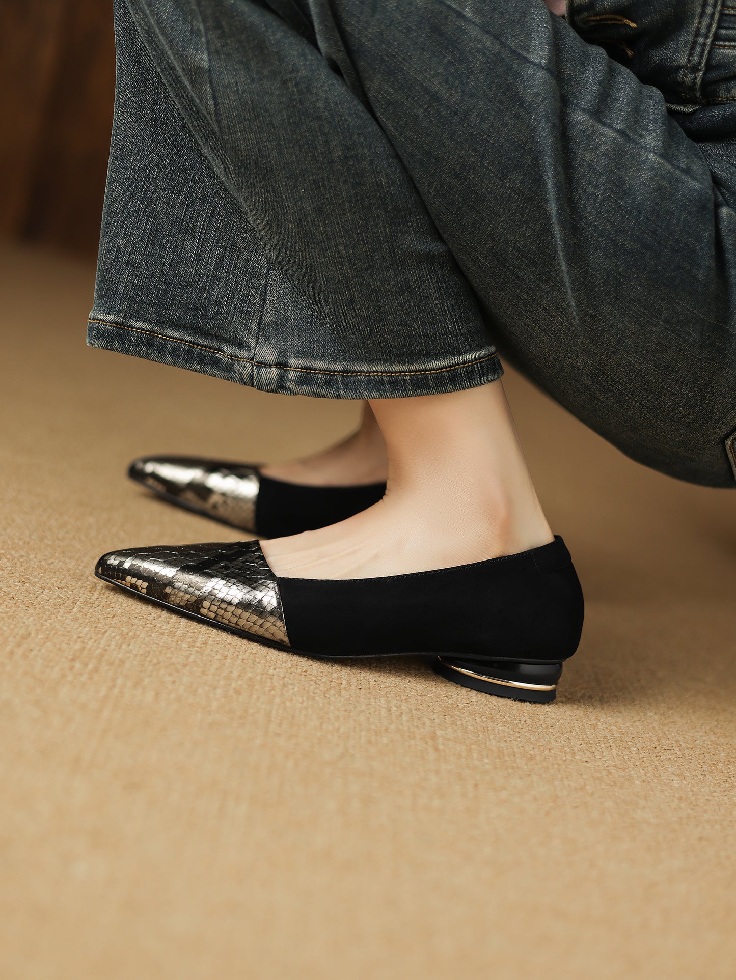 TinaCus Handmade Women's Genuine/Suede Leather Pointed Toe Printed Snakeskin Ballet Flats Shoes