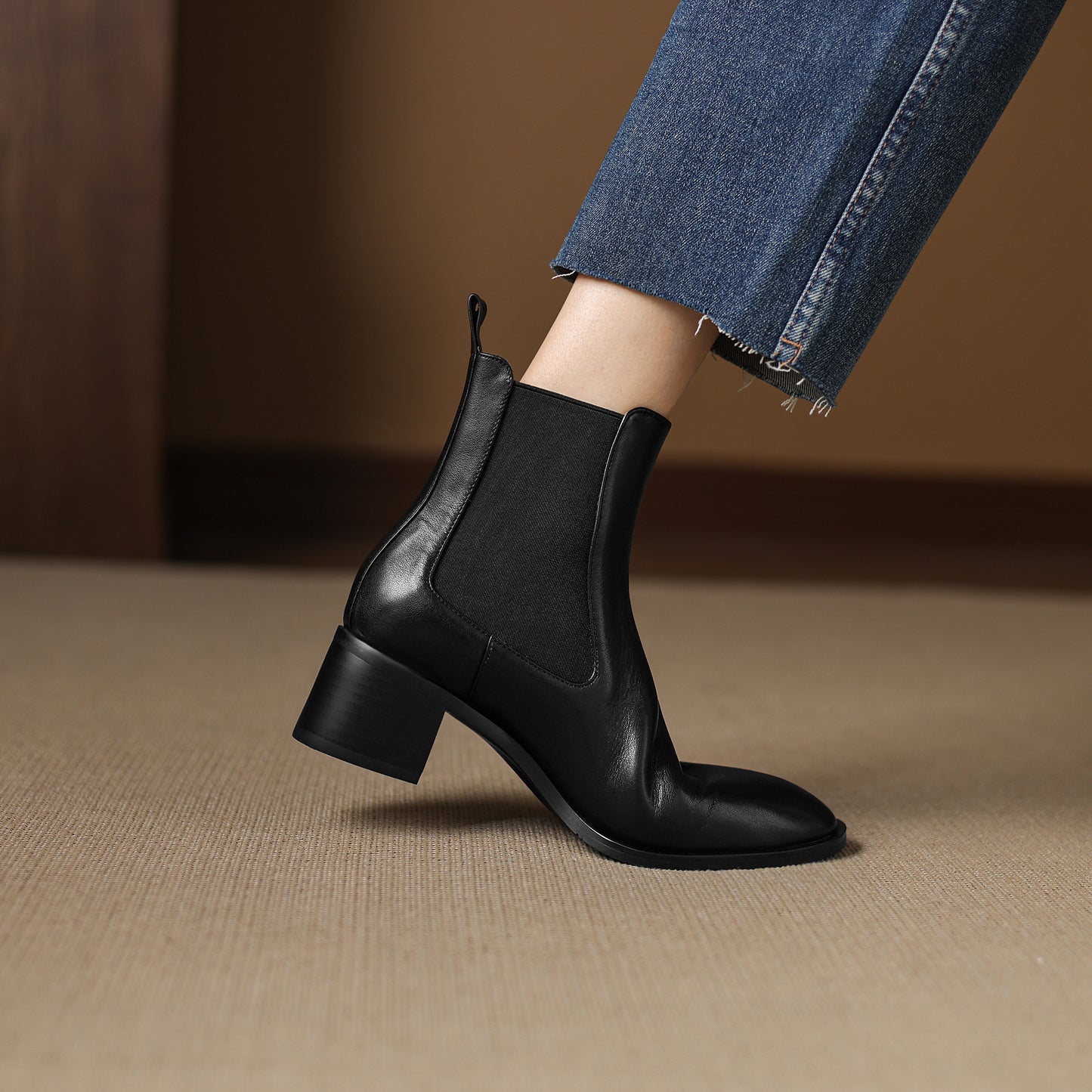 TinaCus Women's Genuine Leather Handmade Elastic Panel Ankle Buckle Round Toe Stacked Low Heel Short Booties