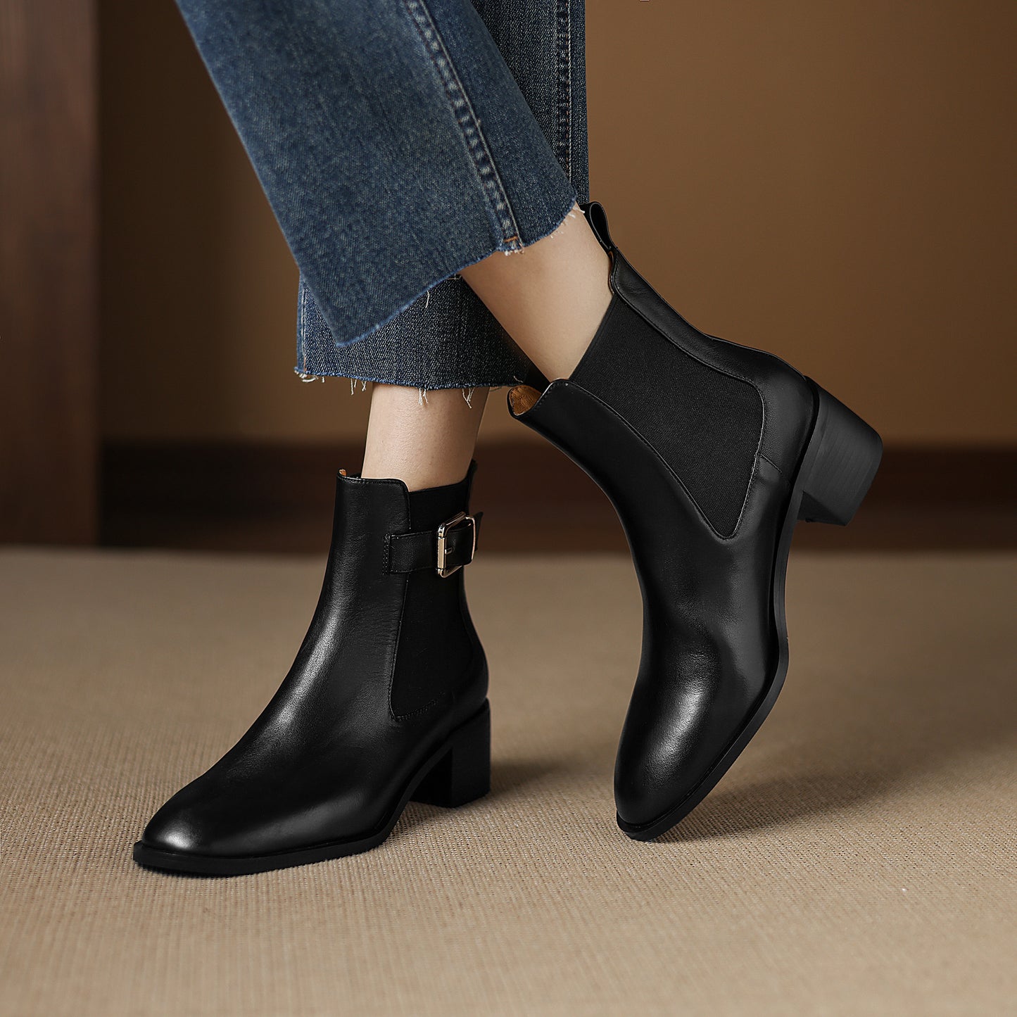 TinaCus Women's Genuine Leather Handmade Elastic Panel Ankle Buckle Round Toe Stacked Low Heel Short Booties