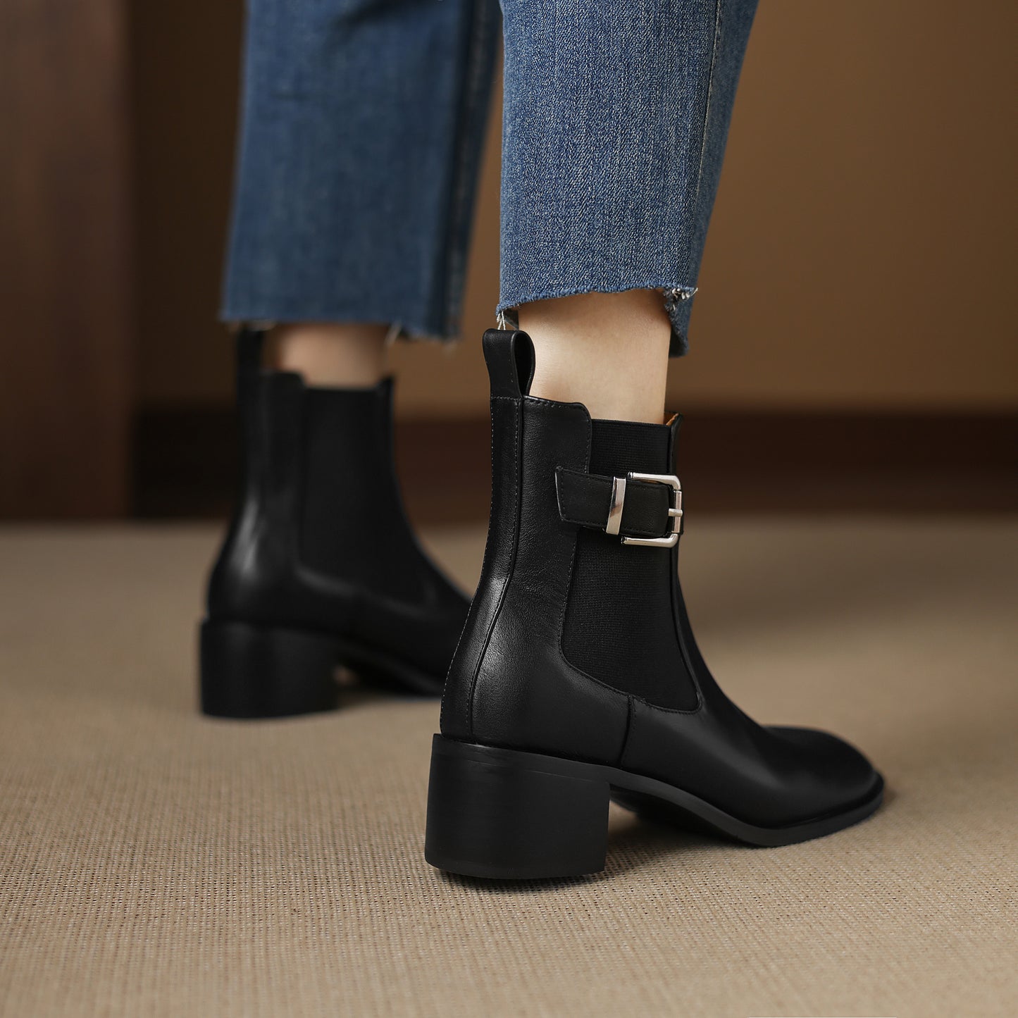 TinaCus Women's Genuine Leather Handmade Elastic Panel Ankle Buckle Round Toe Stacked Low Heel Short Booties