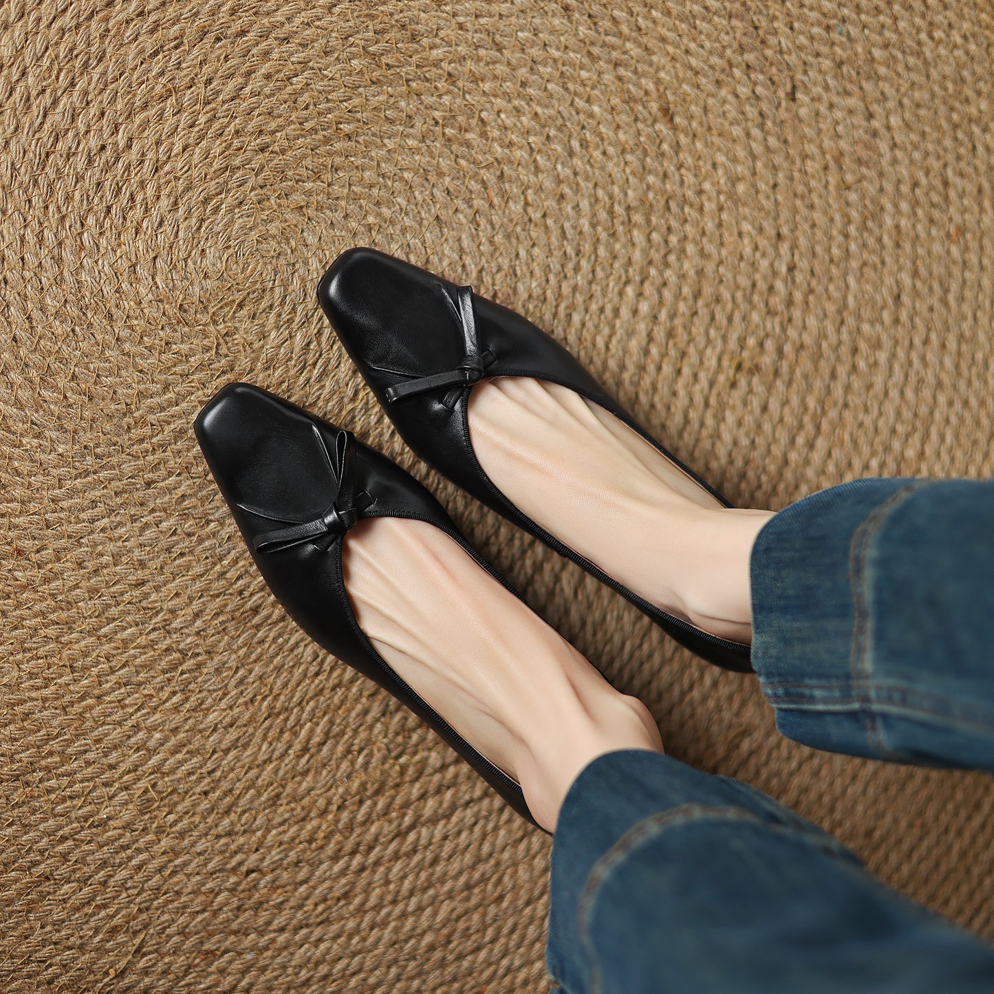 TinaCus Handmade Women's Genuine Leather Square Toe Slip On Low Kitten Heel Pumps with Bowknot