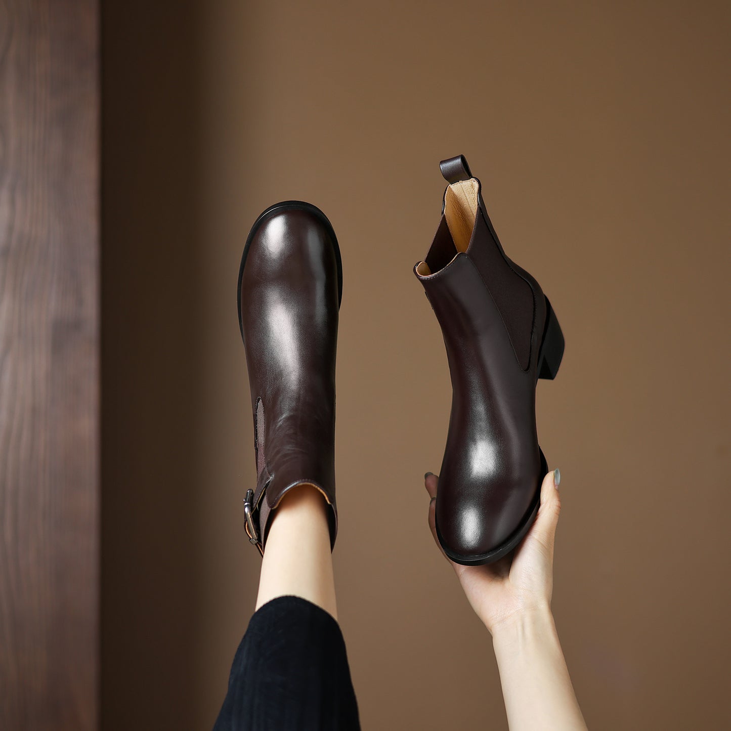 TinaCus Women's Genuine Leather Handmade Elastic Panel Ankle Buckle Round Toe Stacked Low Heel Short Booties