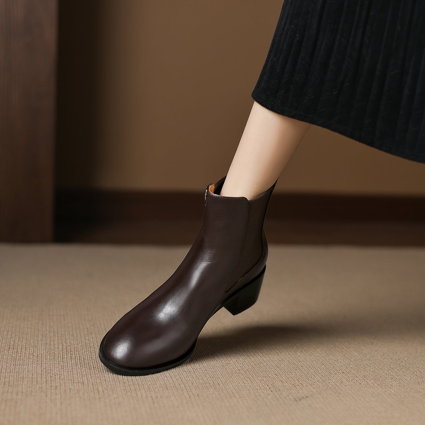 TinaCus Women's Genuine Leather Handmade Elastic Panel Ankle Buckle Round Toe Stacked Low Heel Short Booties