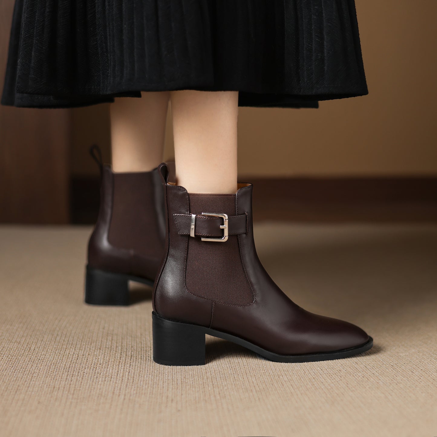 TinaCus Women's Genuine Leather Handmade Elastic Panel Ankle Buckle Round Toe Stacked Low Heel Short Booties