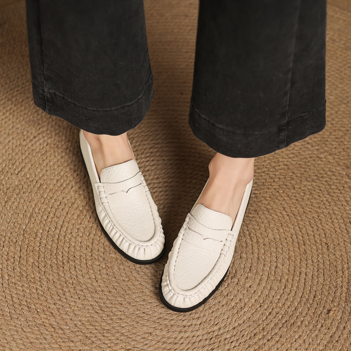 TinaCus Handmade Women's Penny Loafers Round Toe Genuine Leather Ruched Slip-on Shoes Comfortable Office Business