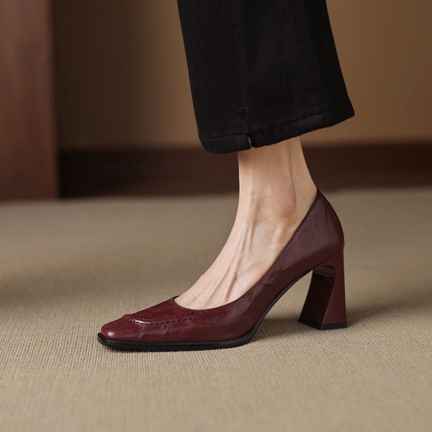 TinaCus Handmade Women's Genuine Leather Square Toe Chunky Mid Heel Office Dress Pump Shoes