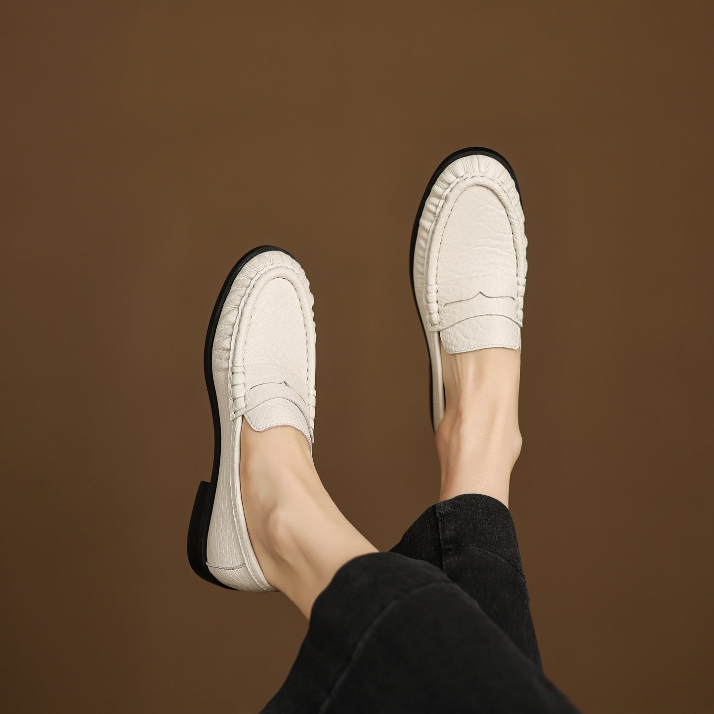 TinaCus Handmade Women's Penny Loafers Round Toe Genuine Leather Ruched Slip-on Shoes Comfortable Office Business