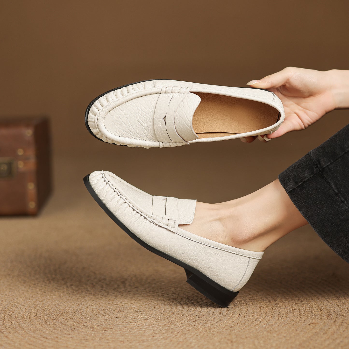 TinaCus Handmade Women's Penny Loafers Round Toe Genuine Leather Ruched Slip-on Shoes Comfortable Office Business