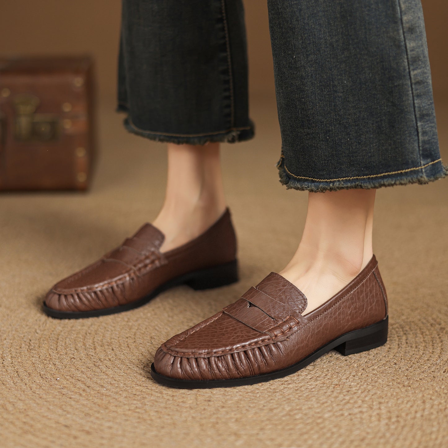 TinaCus Handmade Women's Penny Loafers Round Toe Genuine Leather Ruched Slip-on Shoes Comfortable Office Business