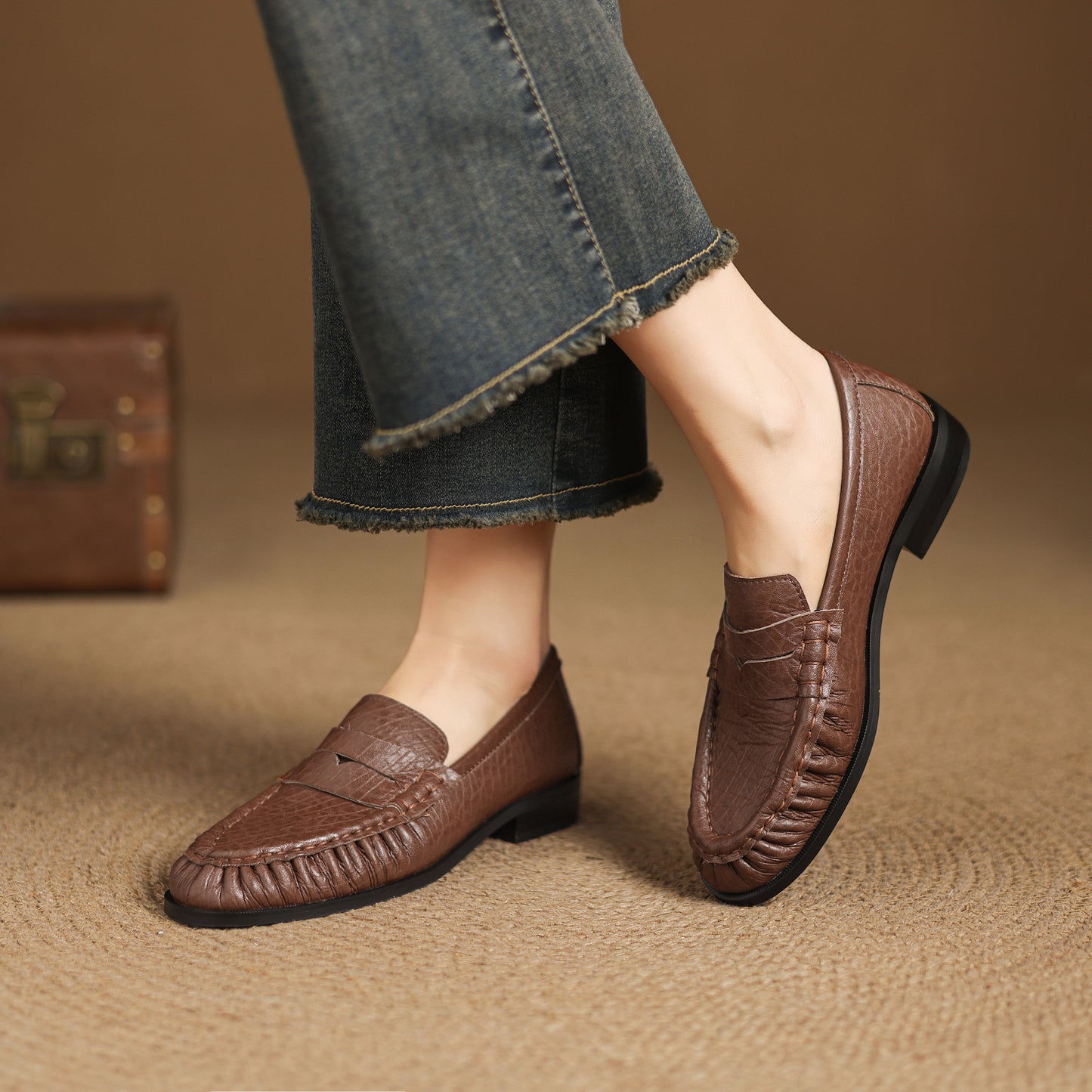 TinaCus Handmade Women's Penny Loafers Round Toe Genuine Leather Ruched Slip-on Shoes Comfortable Office Business