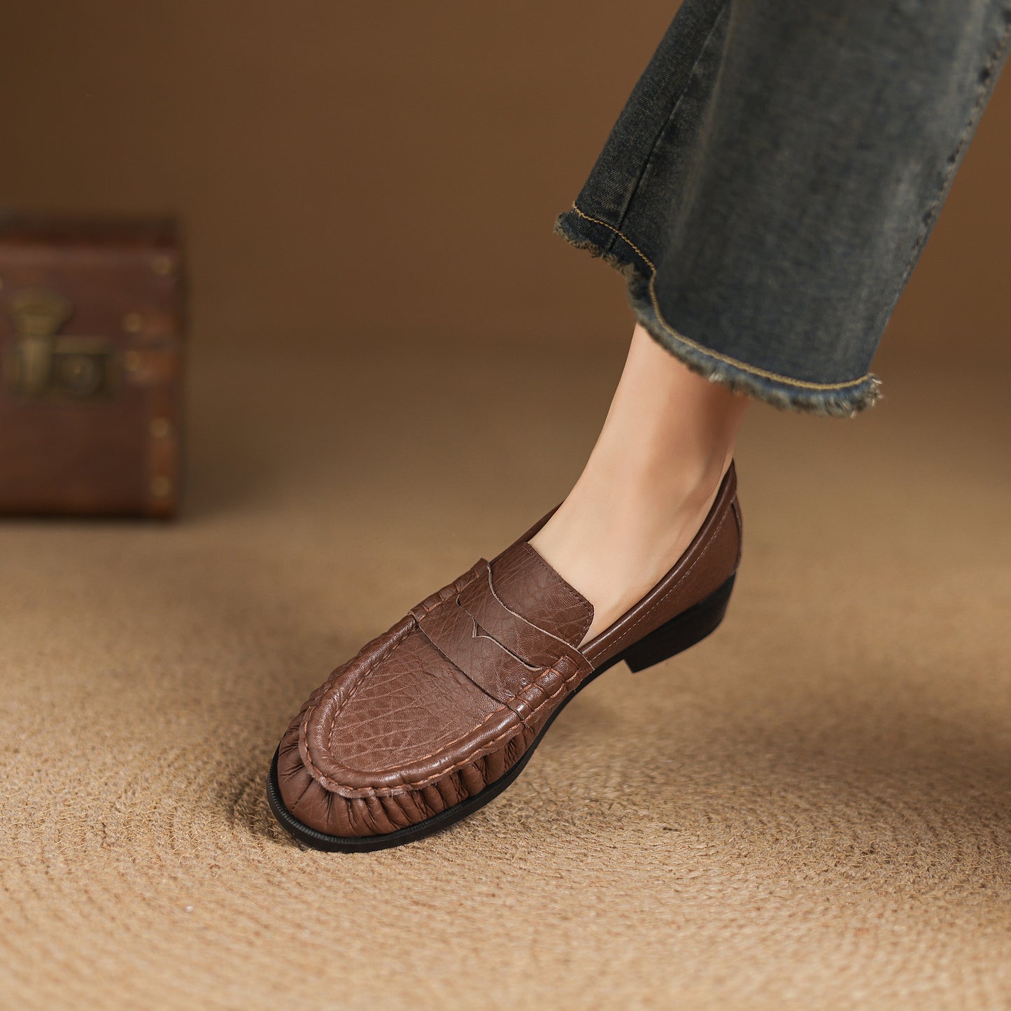 TinaCus Handmade Women's Penny Loafers Round Toe Genuine Leather Ruched Slip-on Shoes Comfortable Office Business