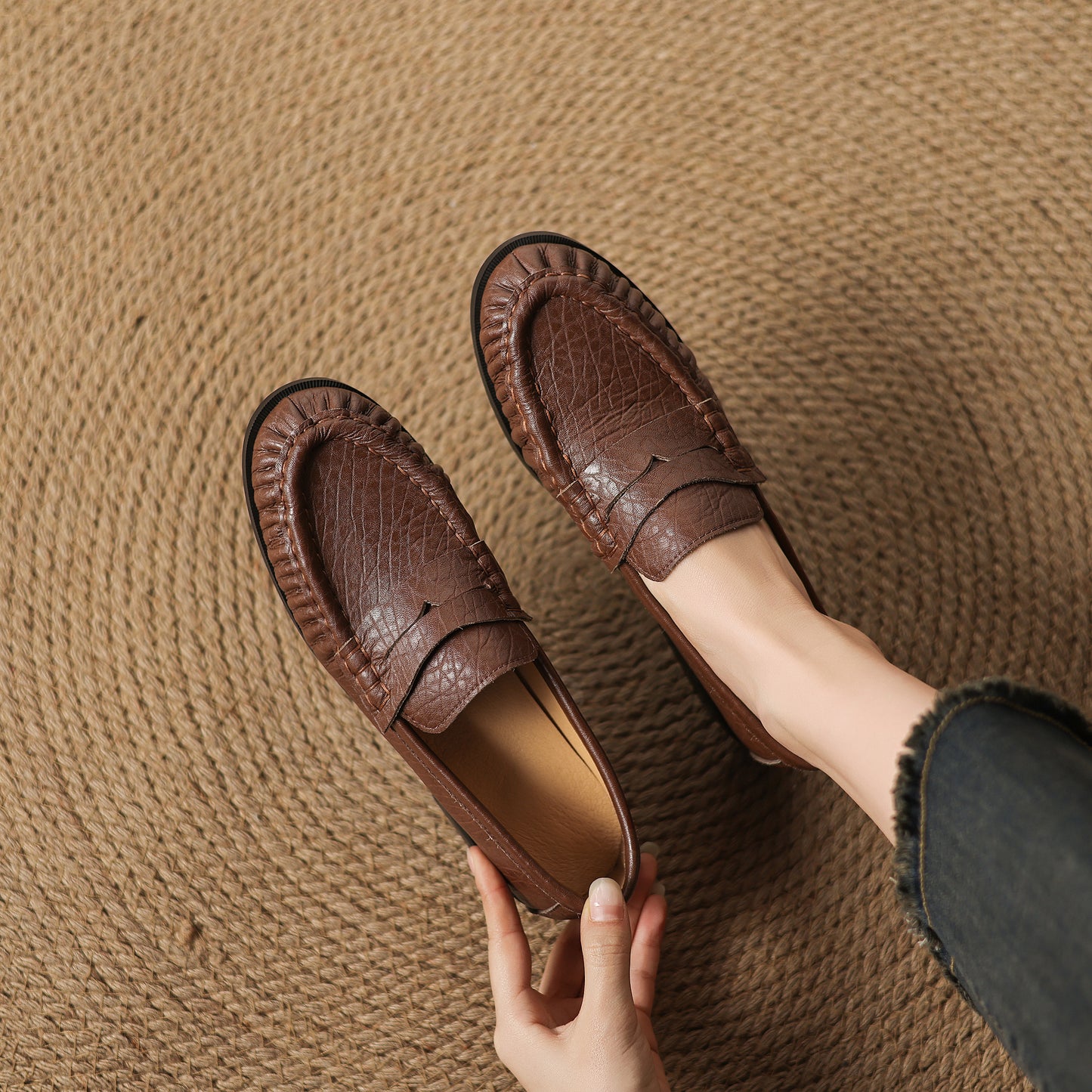 TinaCus Handmade Women's Penny Loafers Round Toe Genuine Leather Ruched Slip-on Shoes Comfortable Office Business