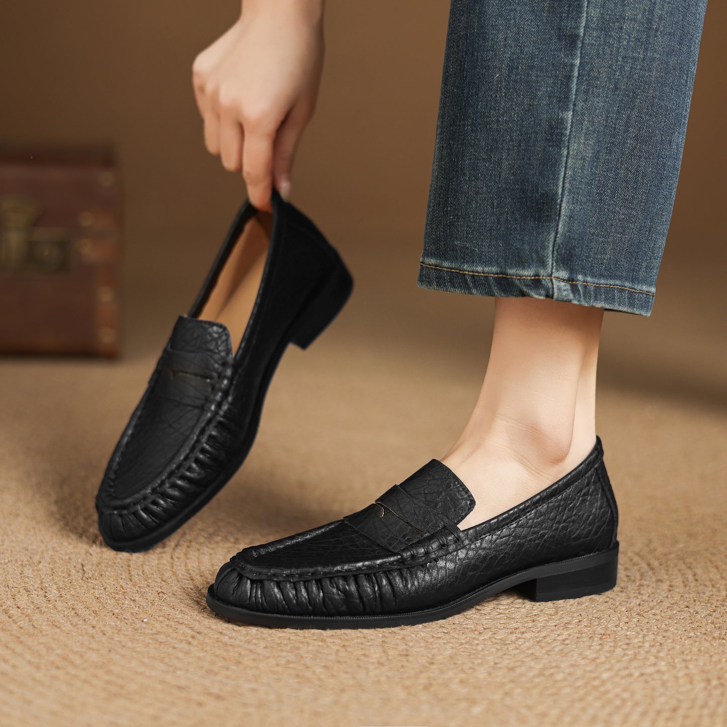 TinaCus Handmade Women's Penny Loafers Round Toe Genuine Leather Ruched Slip-on Shoes Comfortable Office Business