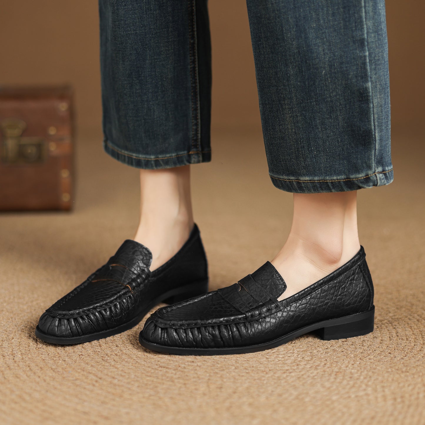 TinaCus Handmade Women's Penny Loafers Round Toe Genuine Leather Ruched Slip-on Shoes Comfortable Office Business