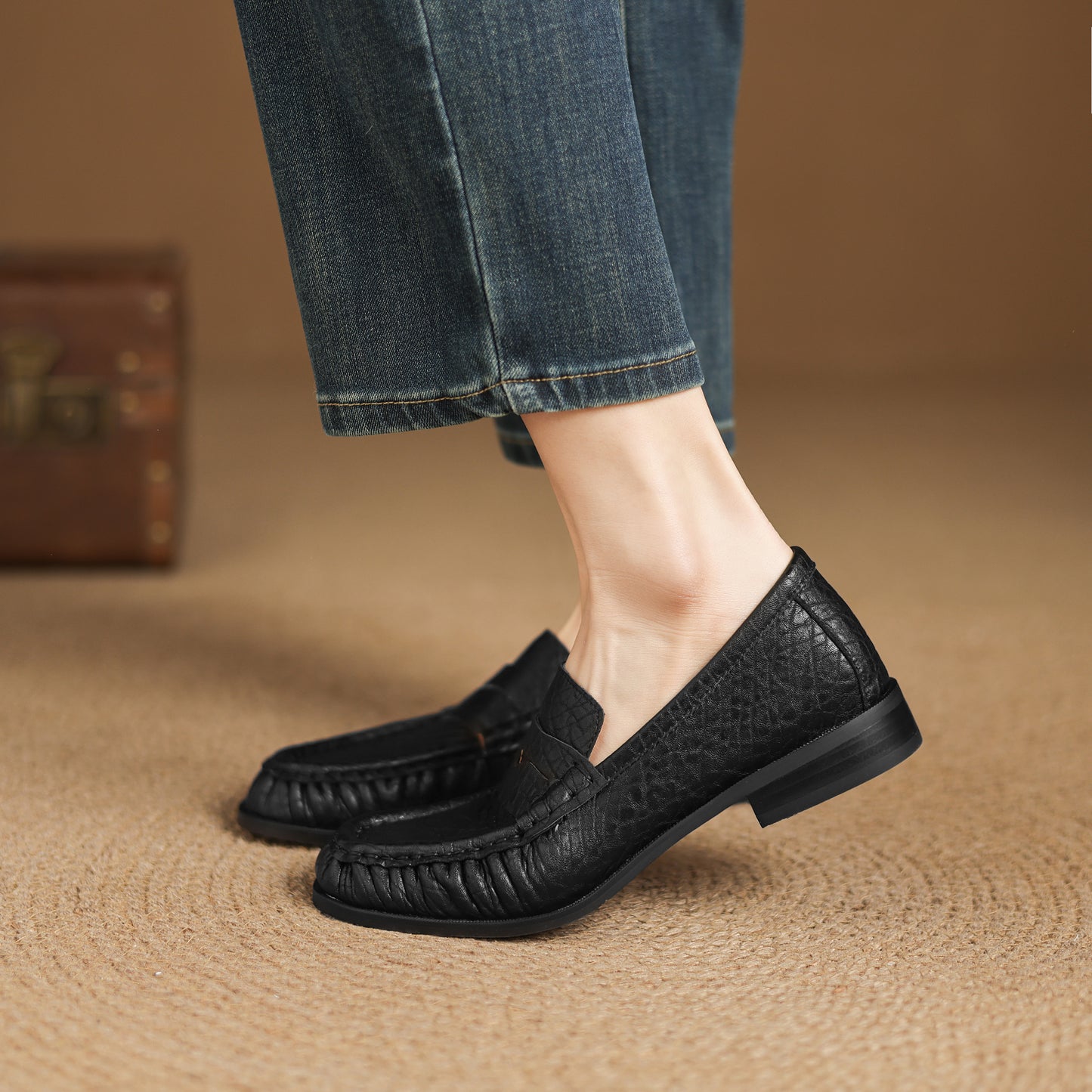 TinaCus Handmade Women's Penny Loafers Round Toe Genuine Leather Ruched Slip-on Shoes Comfortable Office Business