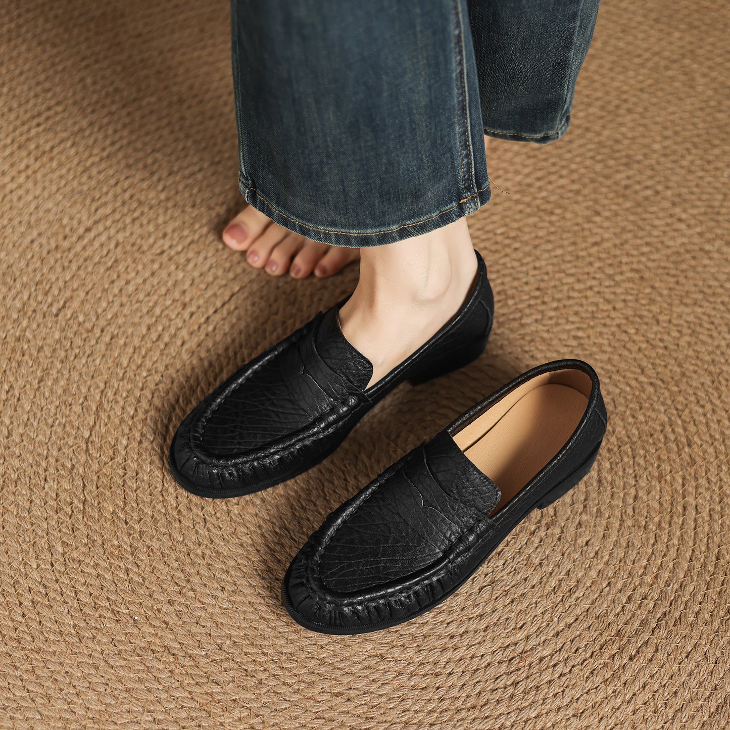 TinaCus Handmade Women's Penny Loafers Round Toe Genuine Leather Ruched Slip-on Shoes Comfortable Office Business