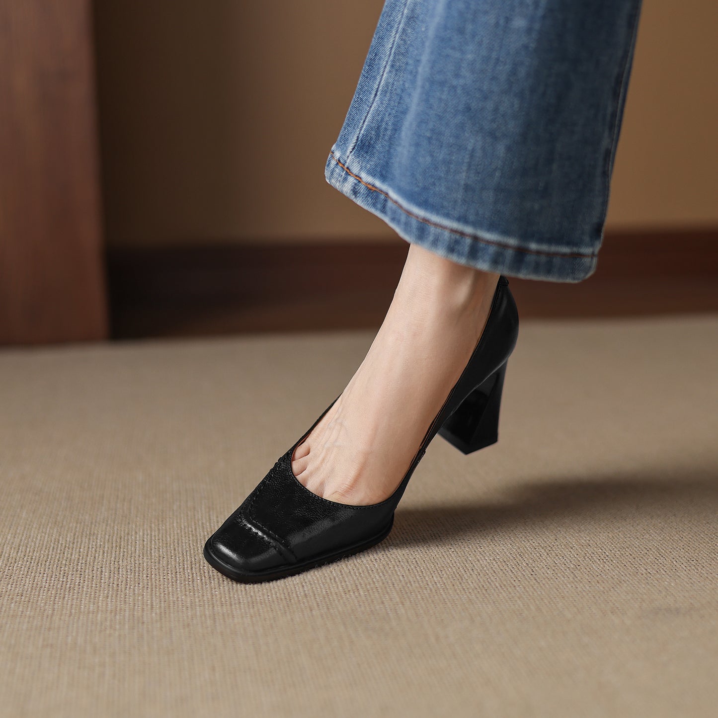 TinaCus Handmade Women's Genuine Leather Square Toe Chunky Mid Heel Office Dress Pump Shoes