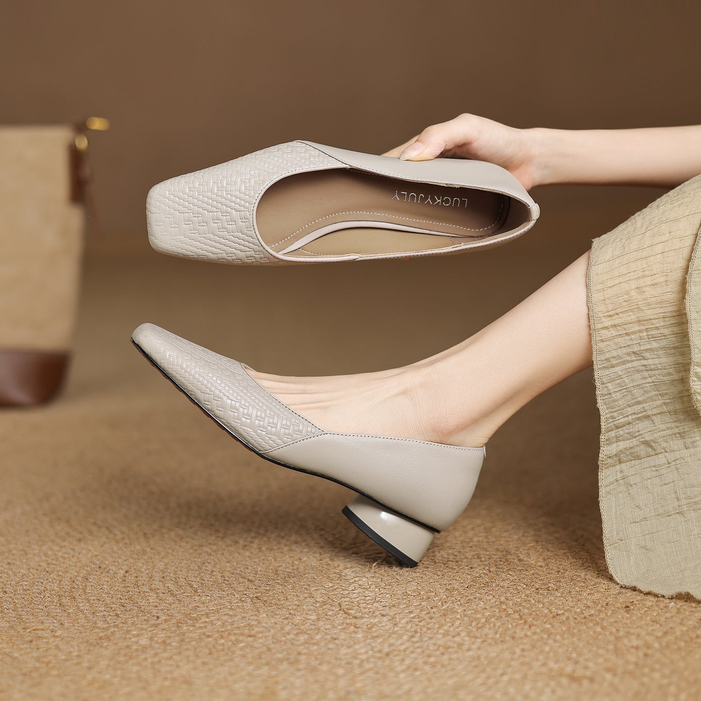 TinaCus Handmade Women's Genuine Leather Square Toe Embossed Patchwork Chunky Heel Slip On Pump Shoes