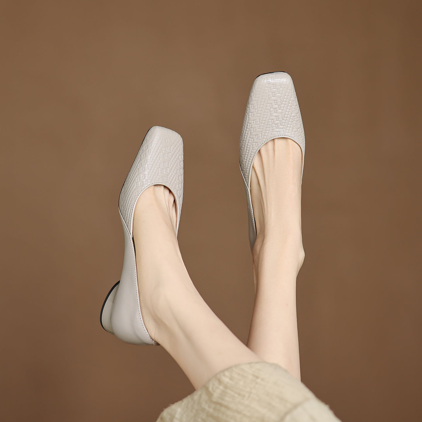 TinaCus Handmade Women's Genuine Leather Square Toe Embossed Patchwork Chunky Heel Slip On Pump Shoes