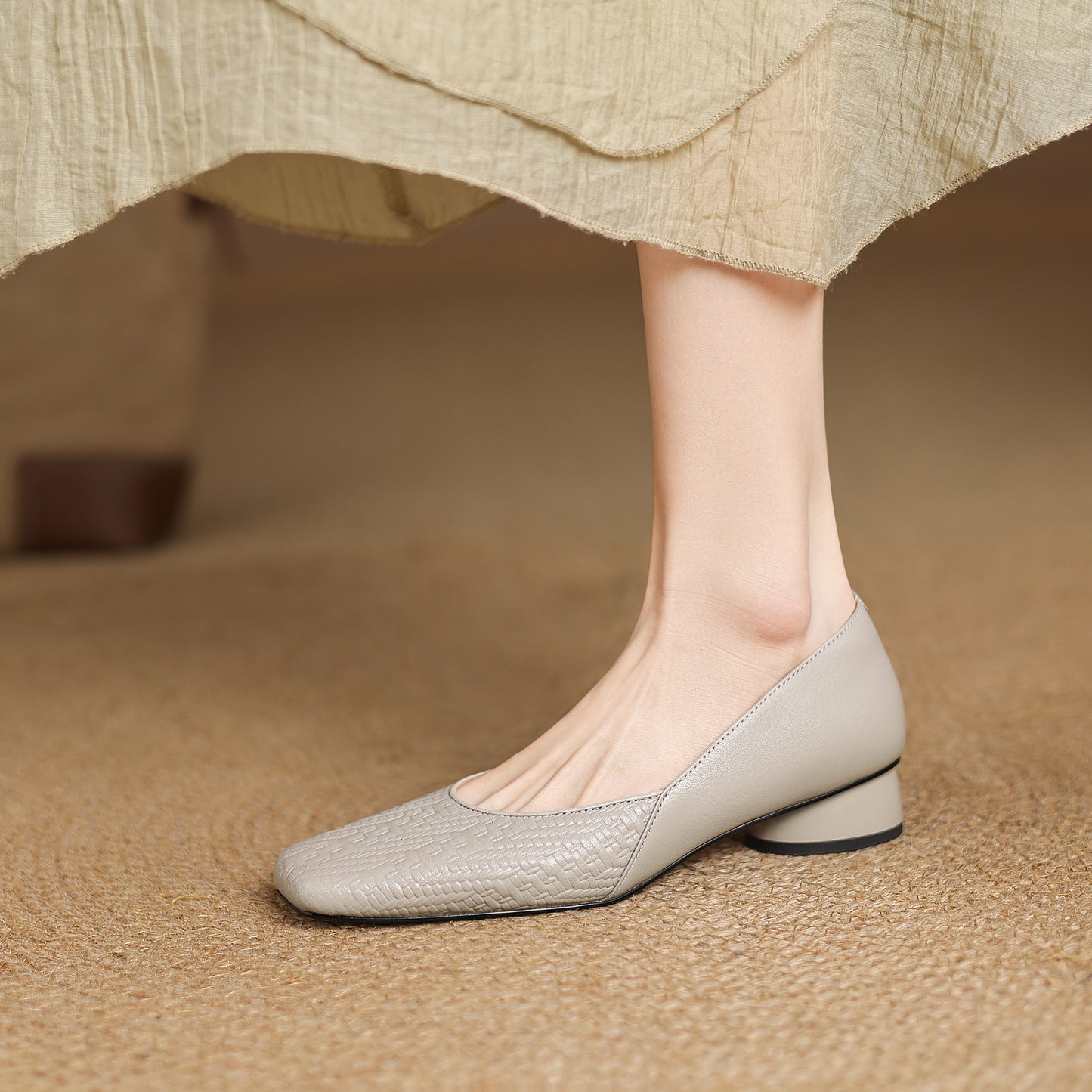 TinaCus Handmade Women's Genuine Leather Square Toe Embossed Patchwork Chunky Heel Slip On Pump Shoes