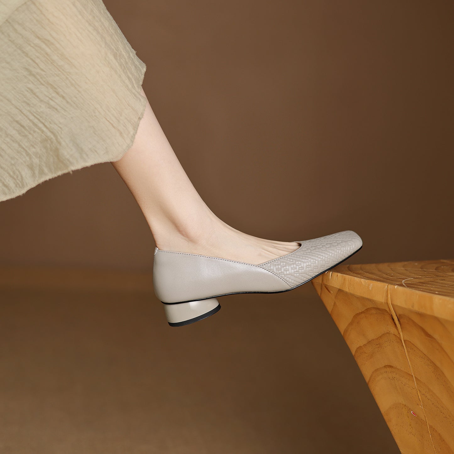 TinaCus Handmade Women's Genuine Leather Square Toe Embossed Patchwork Chunky Heel Slip On Pump Shoes