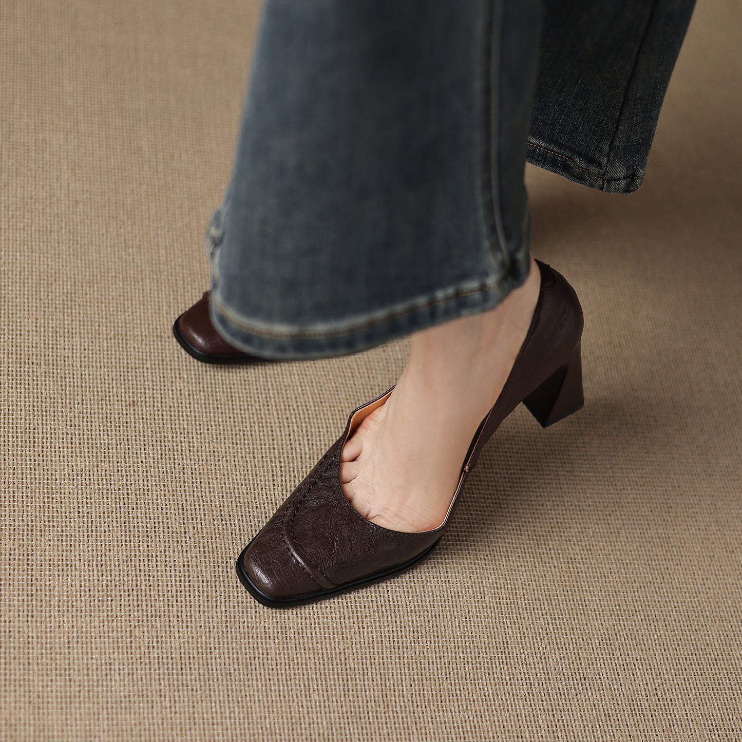 TinaCus Handmade Women's Genuine Leather Square Toe Chunky Mid Heel Office Dress Pump Shoes