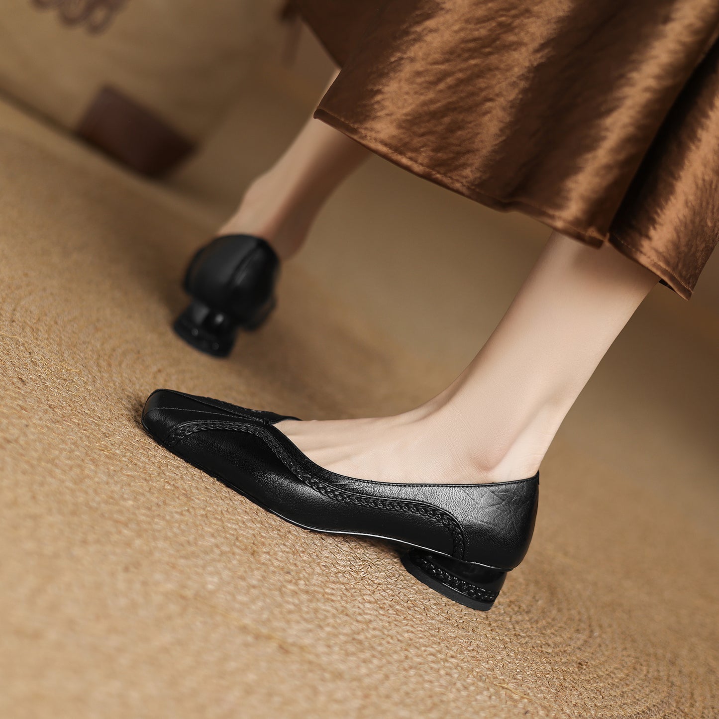 TinaCus Handmade Women's Genuine Leather Square Toe Braided Chunky Heel Casual Slip On Ballet Shoes