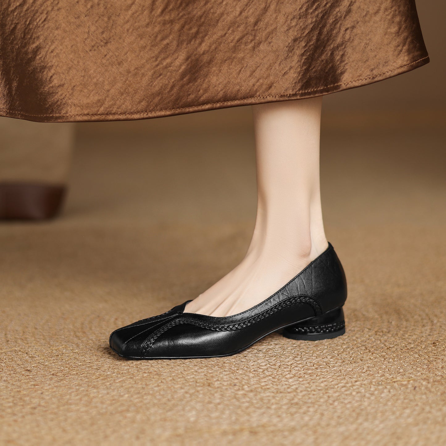 TinaCus Handmade Women's Genuine Leather Square Toe Braided Chunky Heel Casual Slip On Ballet Shoes