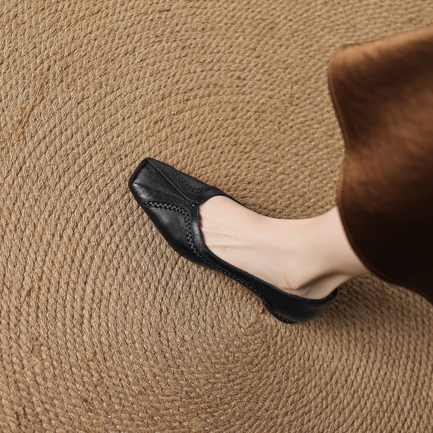 TinaCus Handmade Women's Genuine Leather Square Toe Braided Chunky Heel Casual Slip On Ballet Shoes