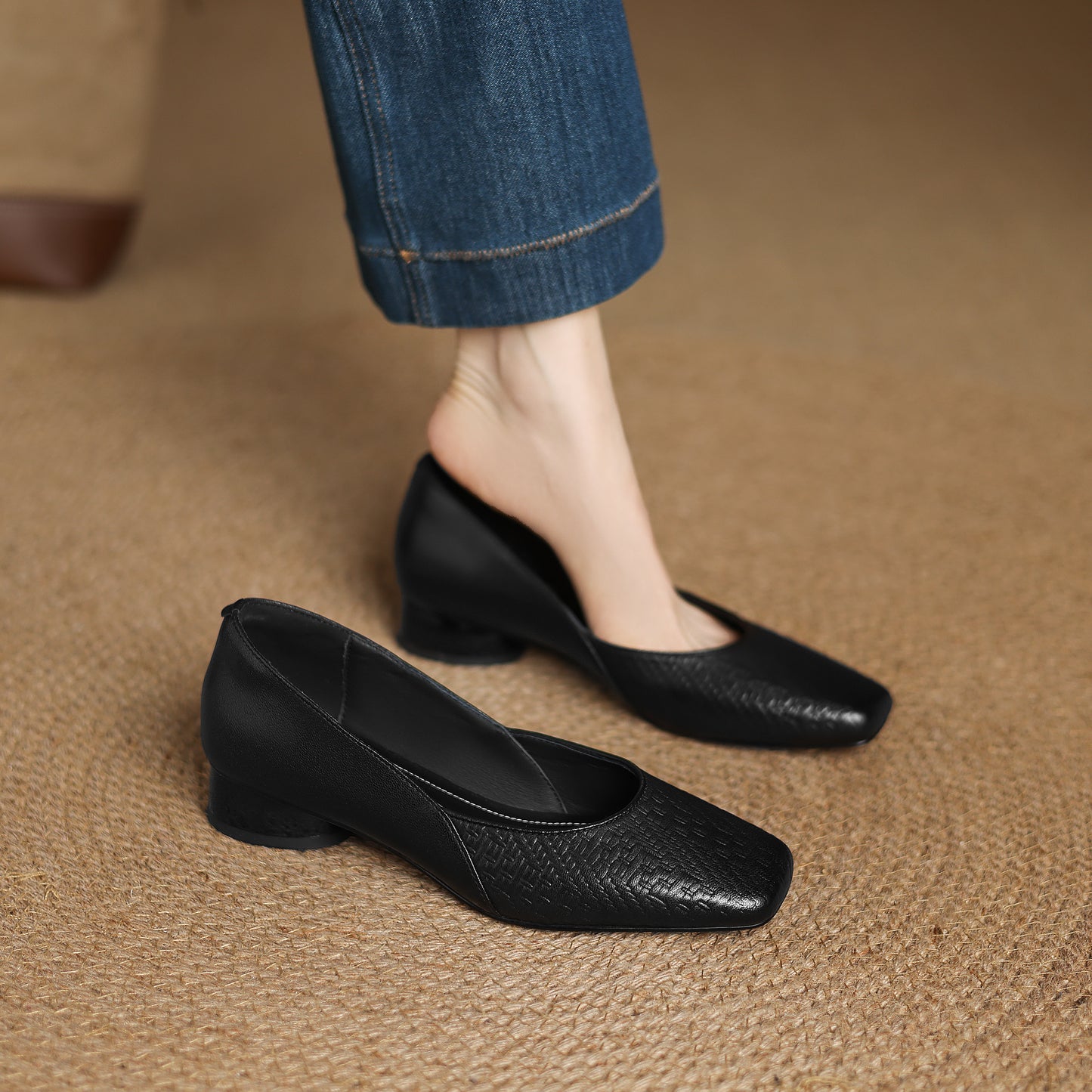 TinaCus Handmade Women's Genuine Leather Square Toe Embossed Patchwork Chunky Heel Slip On Pump Shoes